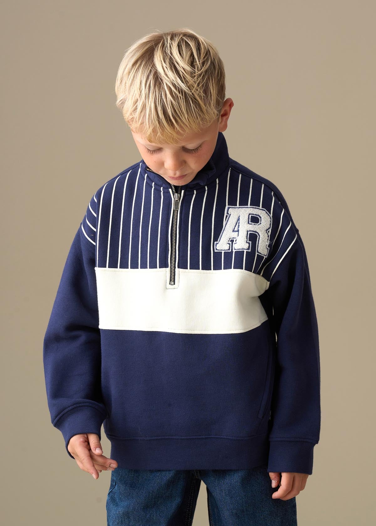 Griffin Zip Neck Cut And Sew Sweatshirt - Navy