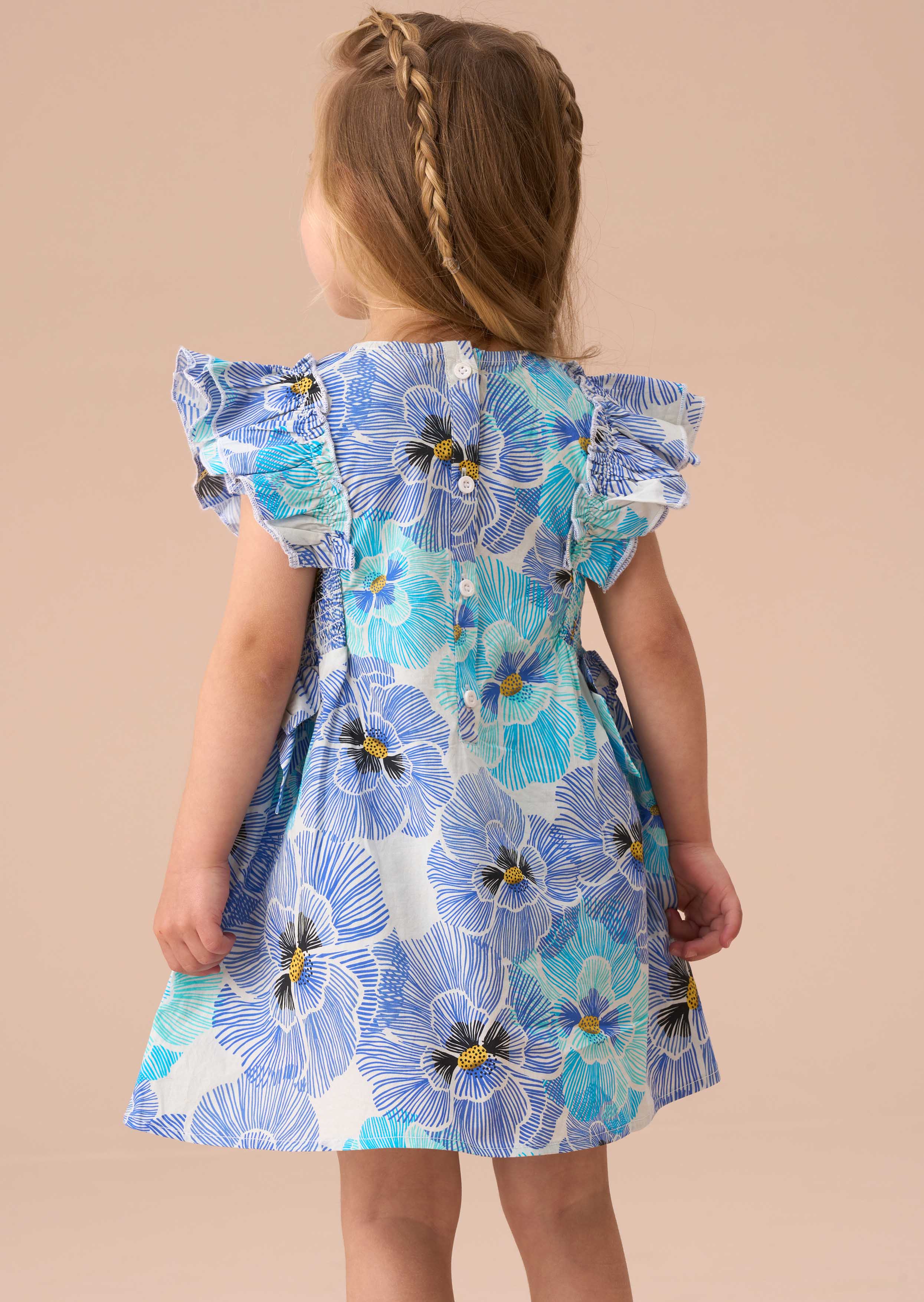 Short Sleeve Blue Pansy Print Tie Side Dress And Bloomer