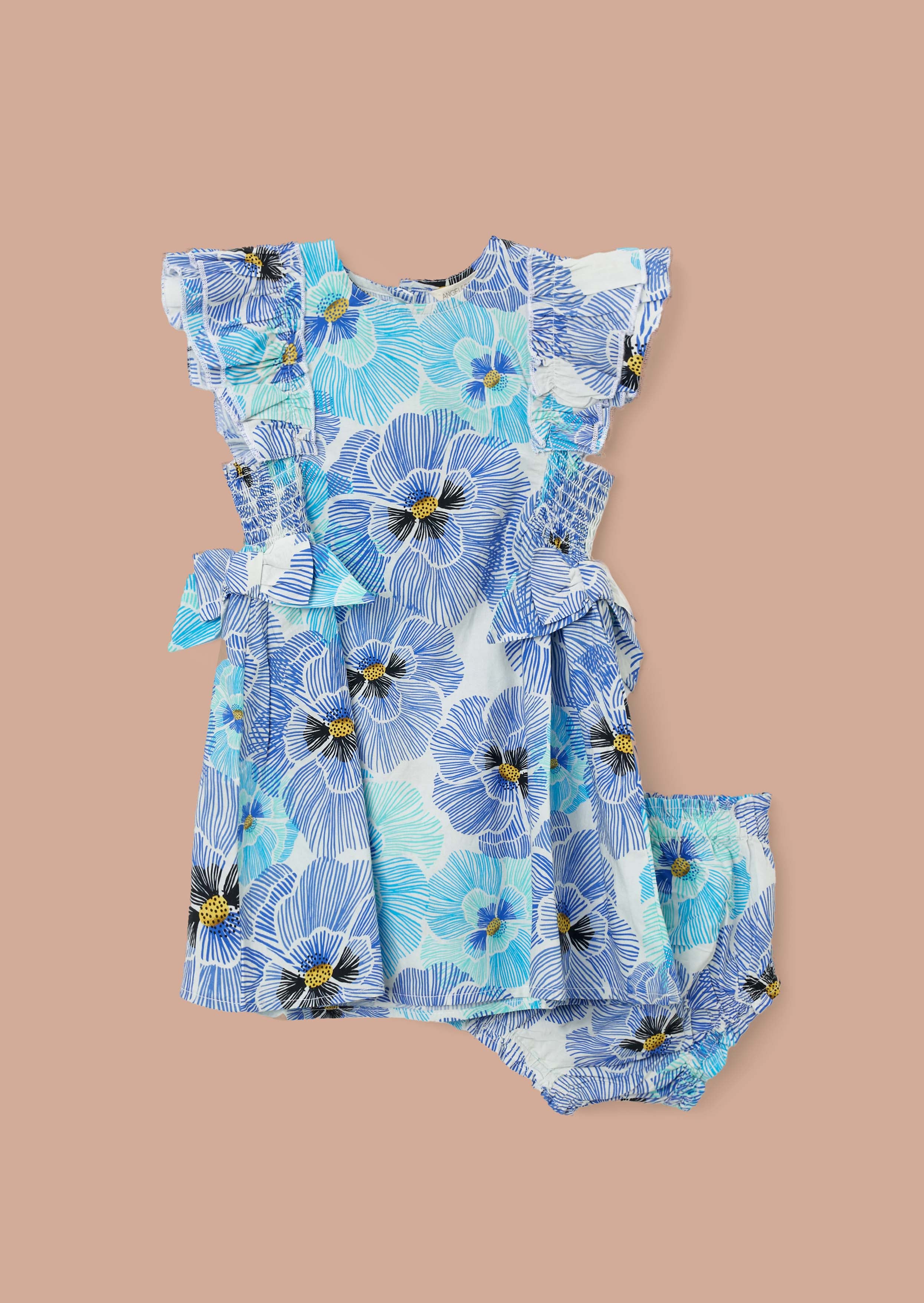 Girls Blue Floral Printed Tie Side Dress And Bloomer