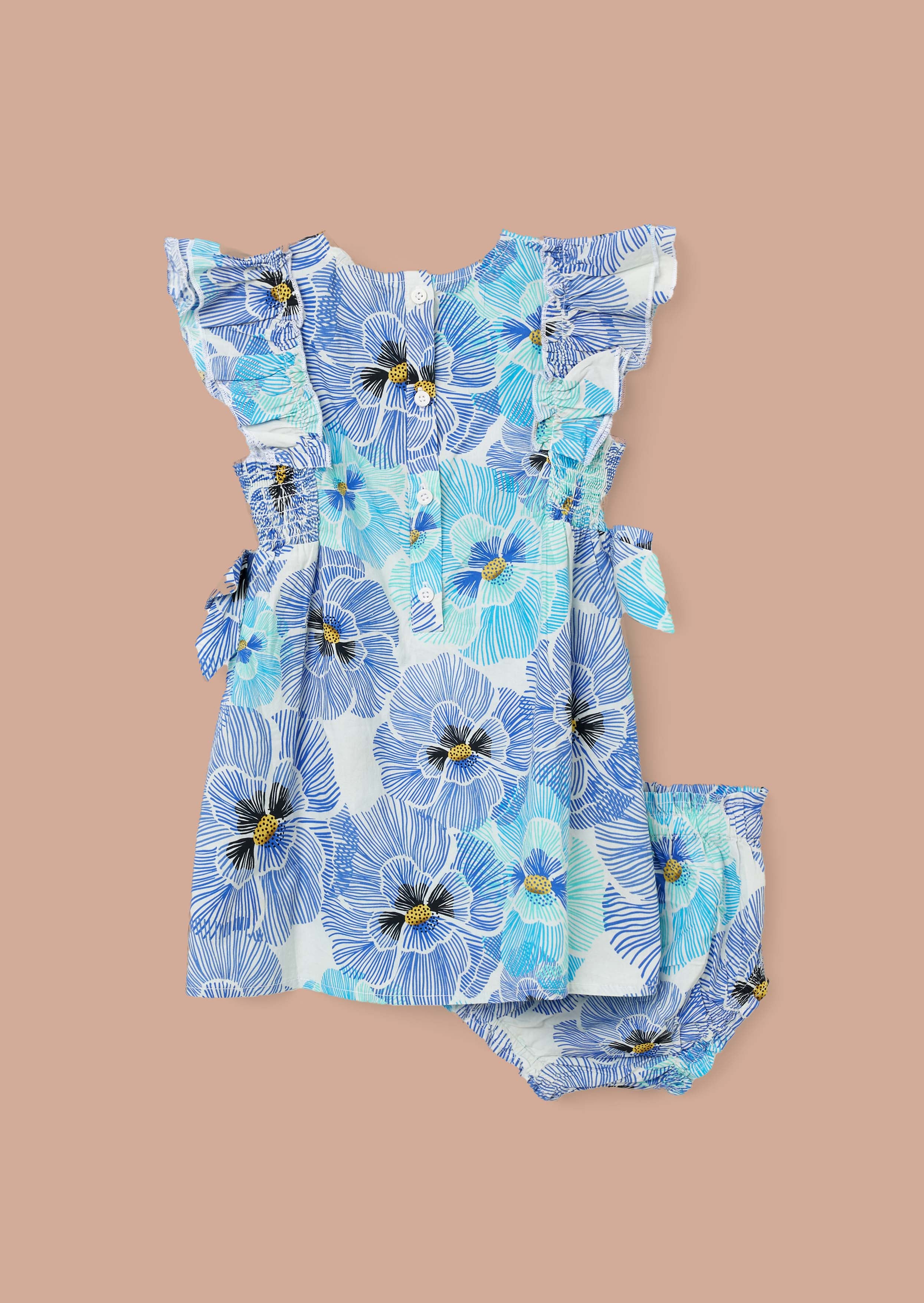 Buy Blue Pansy Print Tie Side Dress And Bloomer