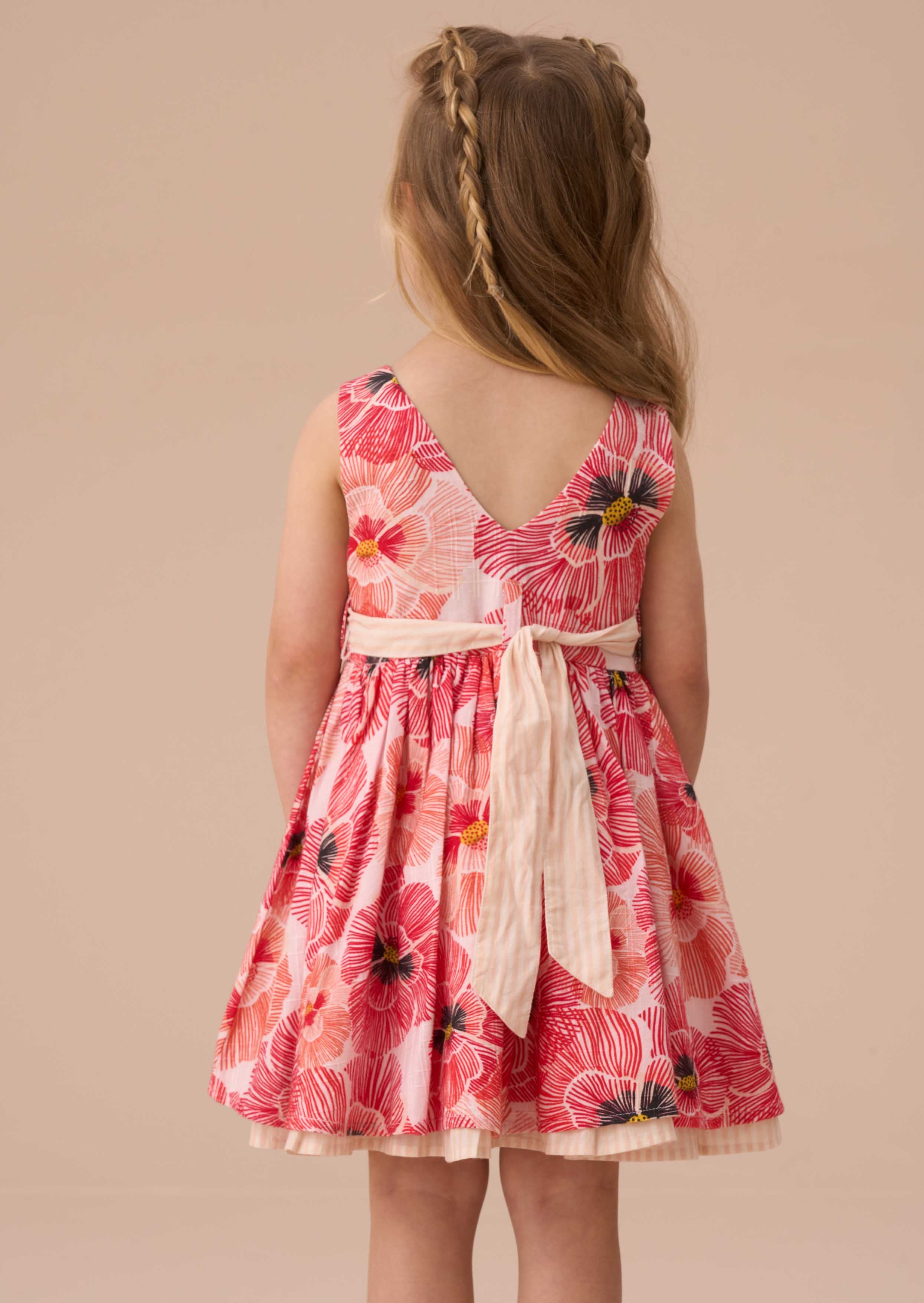 Cotton Girls Coral Tie Waist Dress And Bloomer