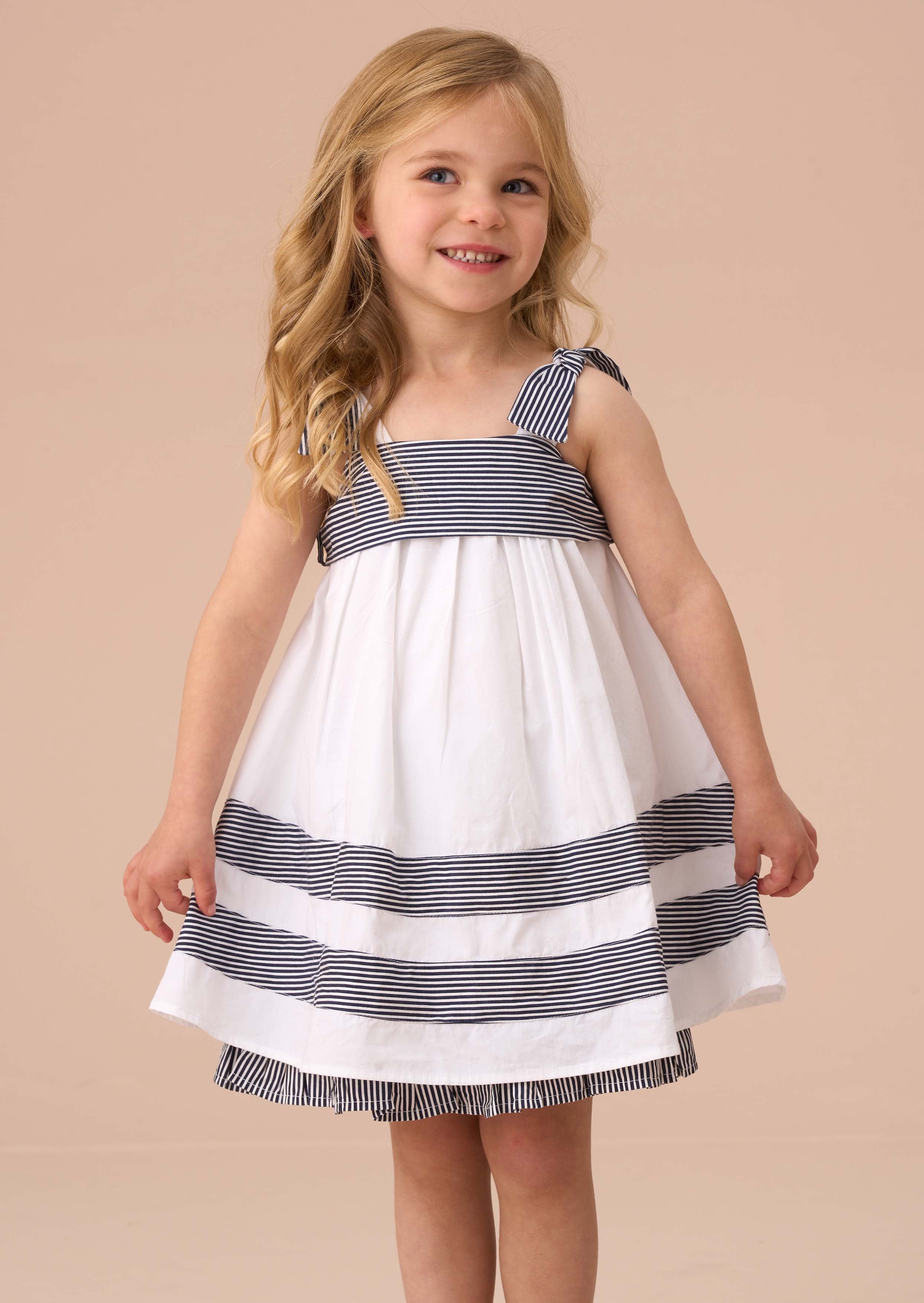 Girls White Stripe Panel Dress With Bloomer