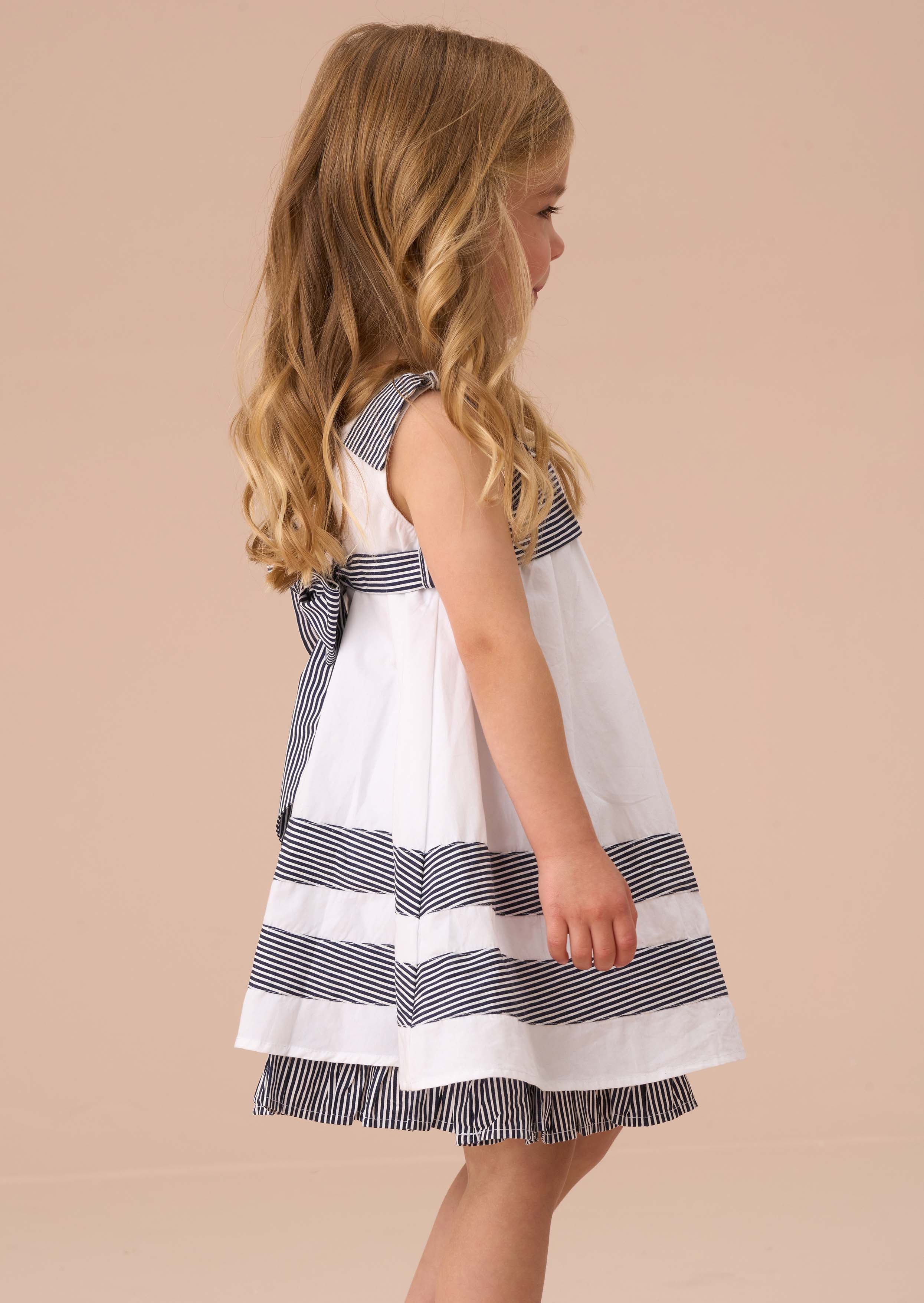 Sleeveless Girls White Stripe Panel Dress With Bloomer
