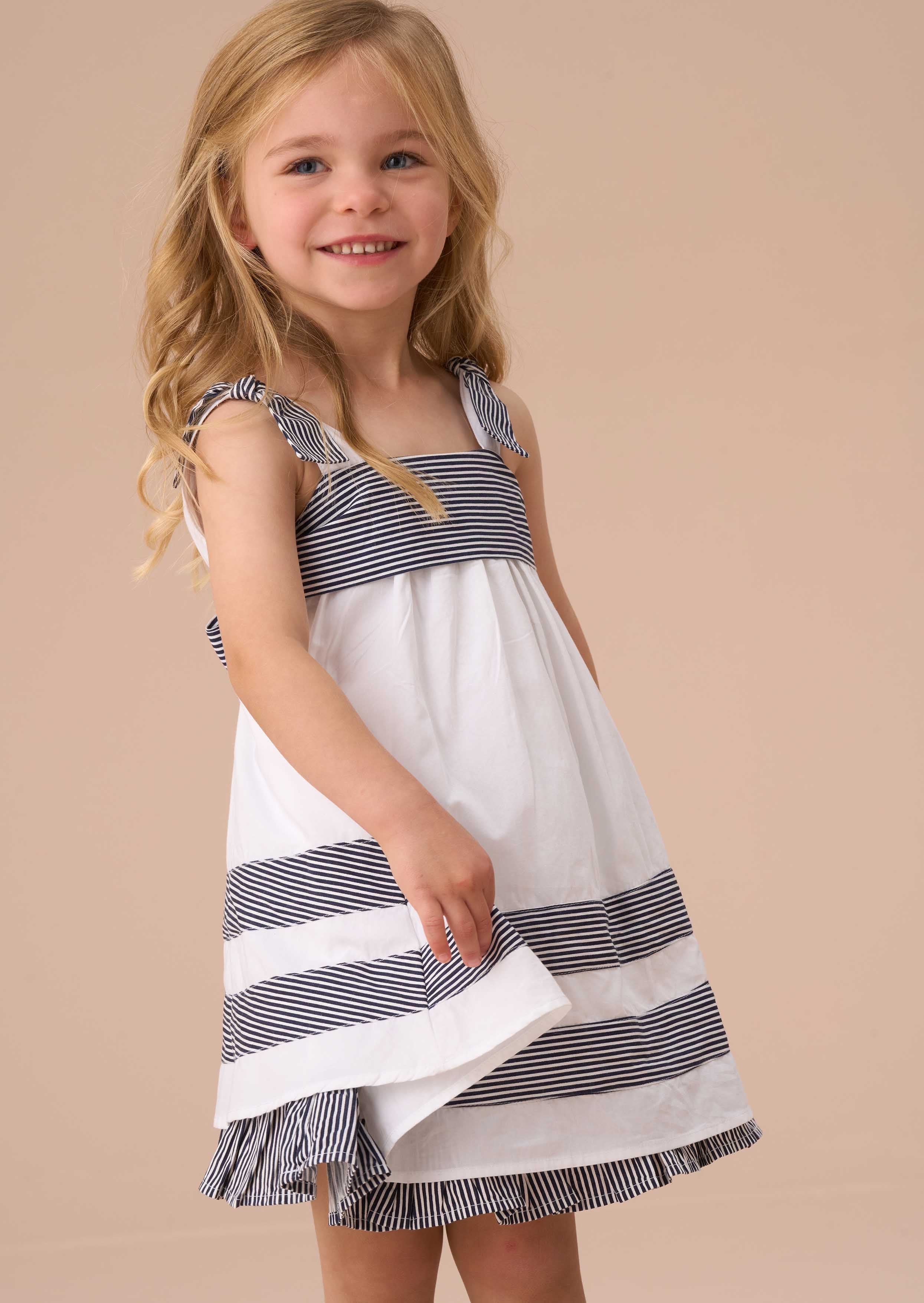 Cotton Girls White Stripe Panel Dress With Bloomer