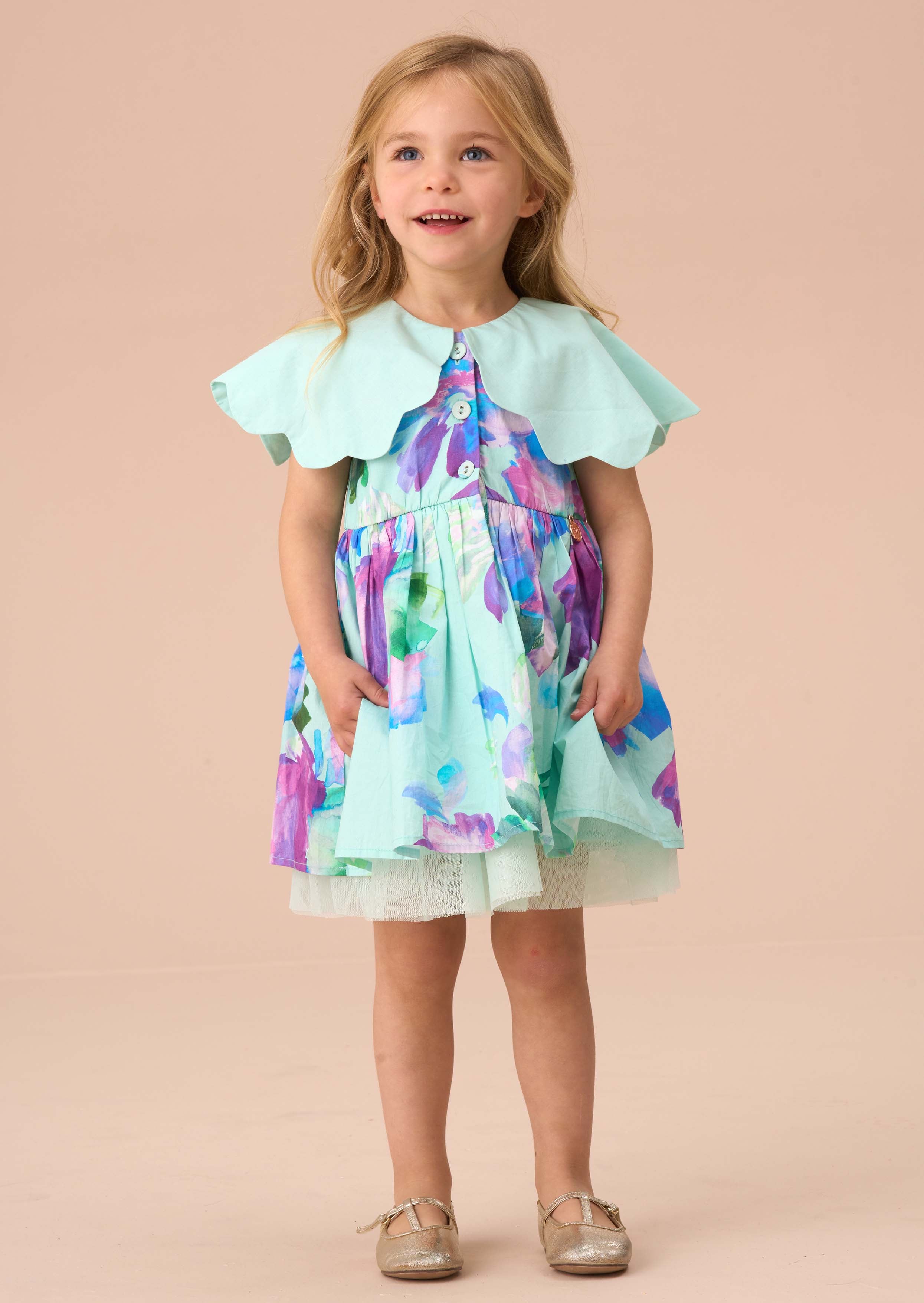 Green Baby Girl Scalloped Collar Dress And Print Bloomer