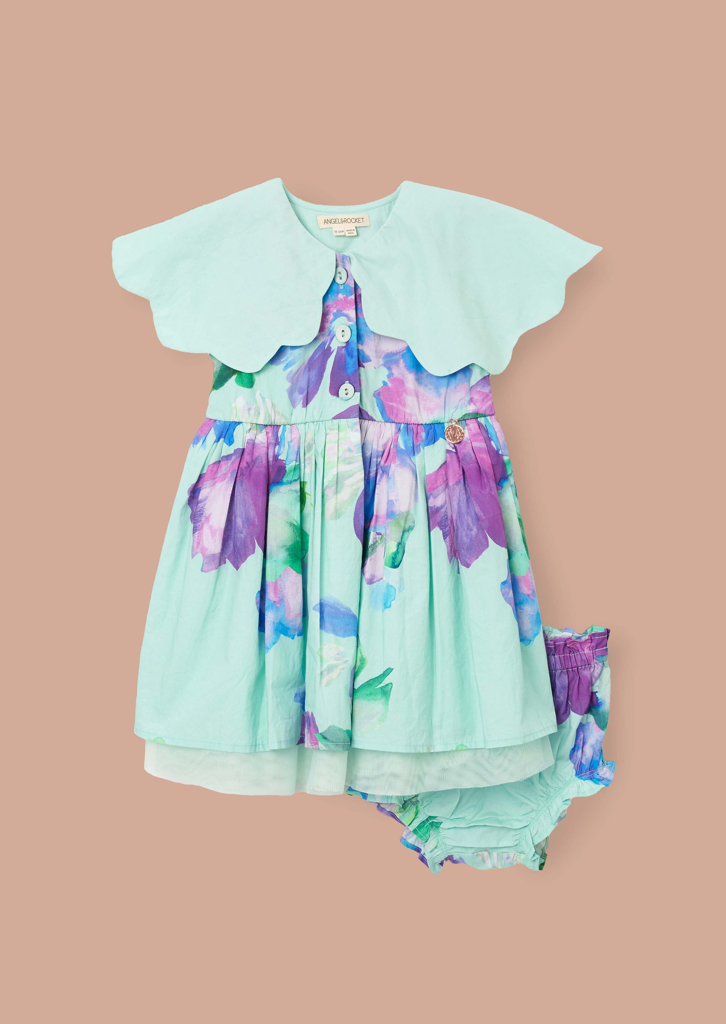 Floral Baby Girl Scalloped Collar Dress And Print Bloomer