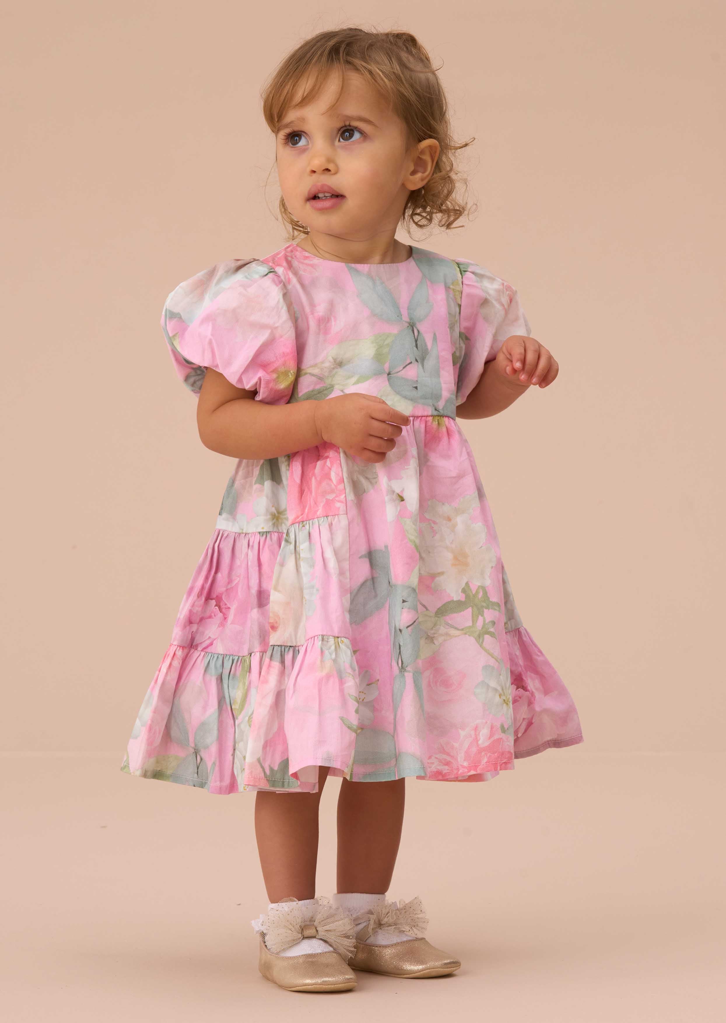 Baby Girl Pink Floral Tiered Dress And Bloomer
