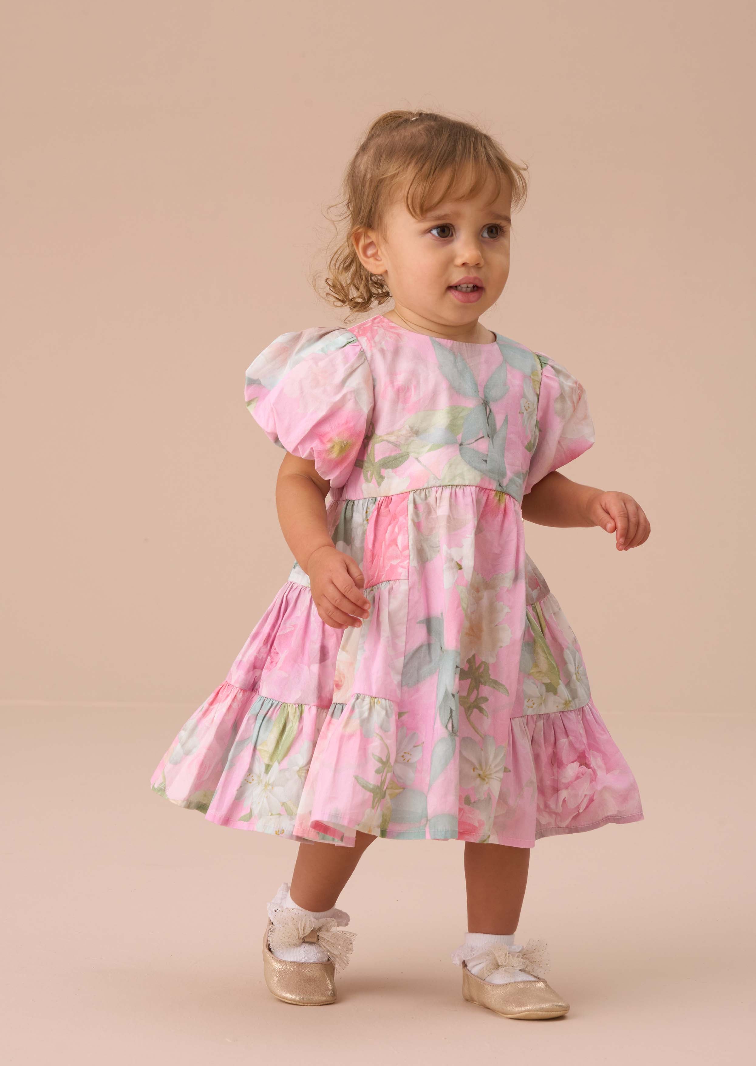 Mini Baby Girl Pink Floral Tiered Dress And Bloomer