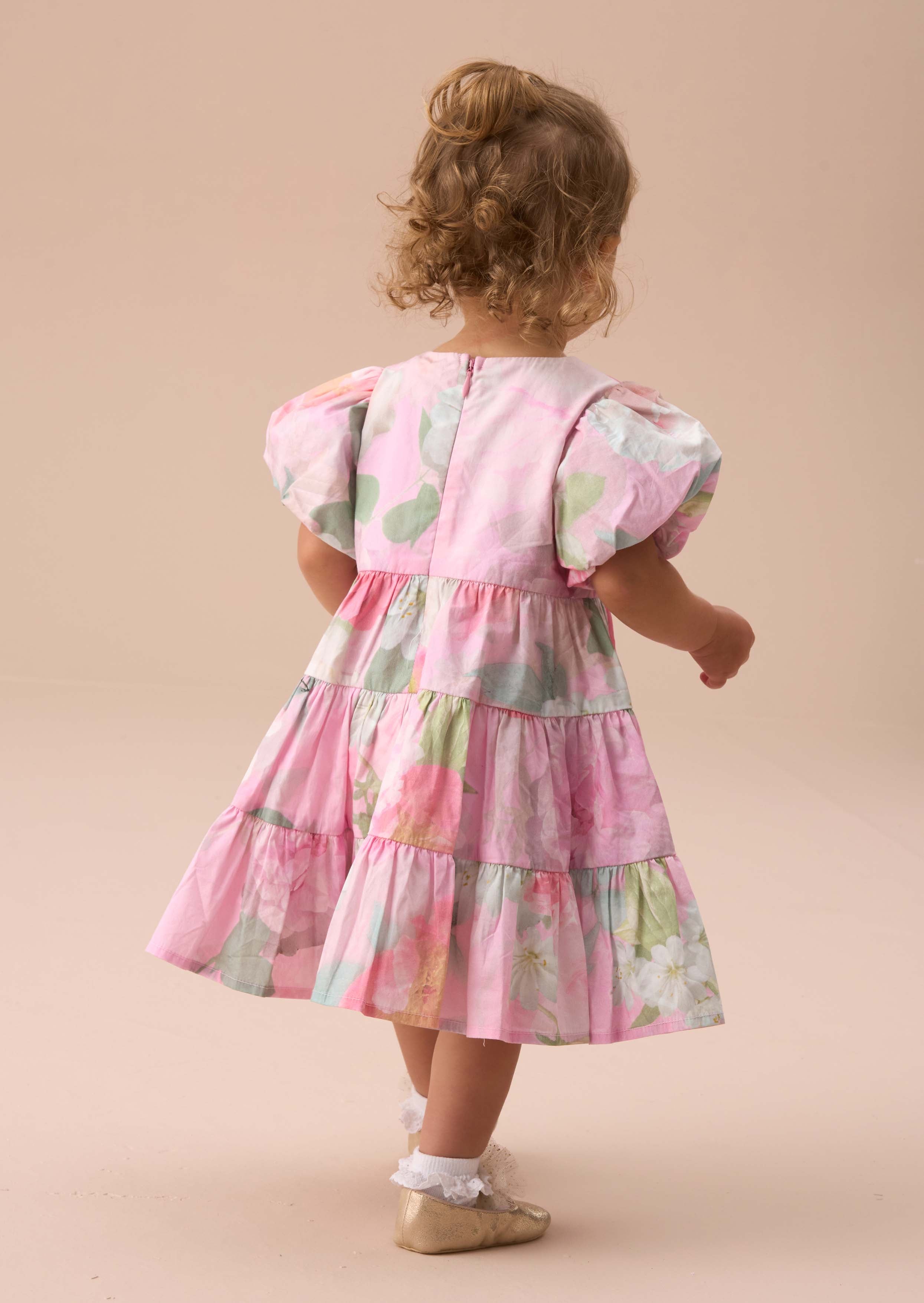 Floral Printed Baby Pink Tiered Dress And Bloomer