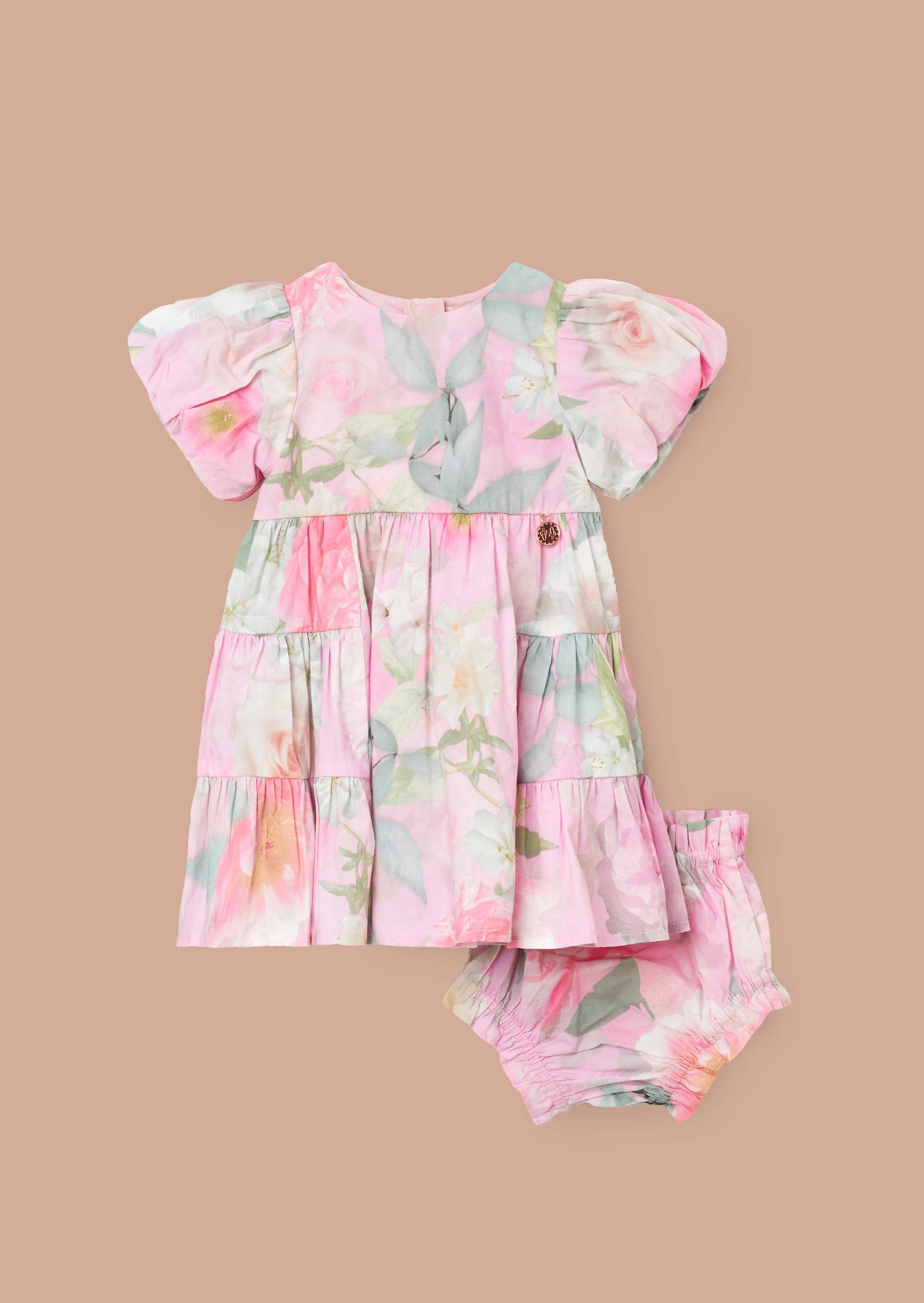 Cotton Baby Girl Pink Floral Tiered Dress And Bloomer