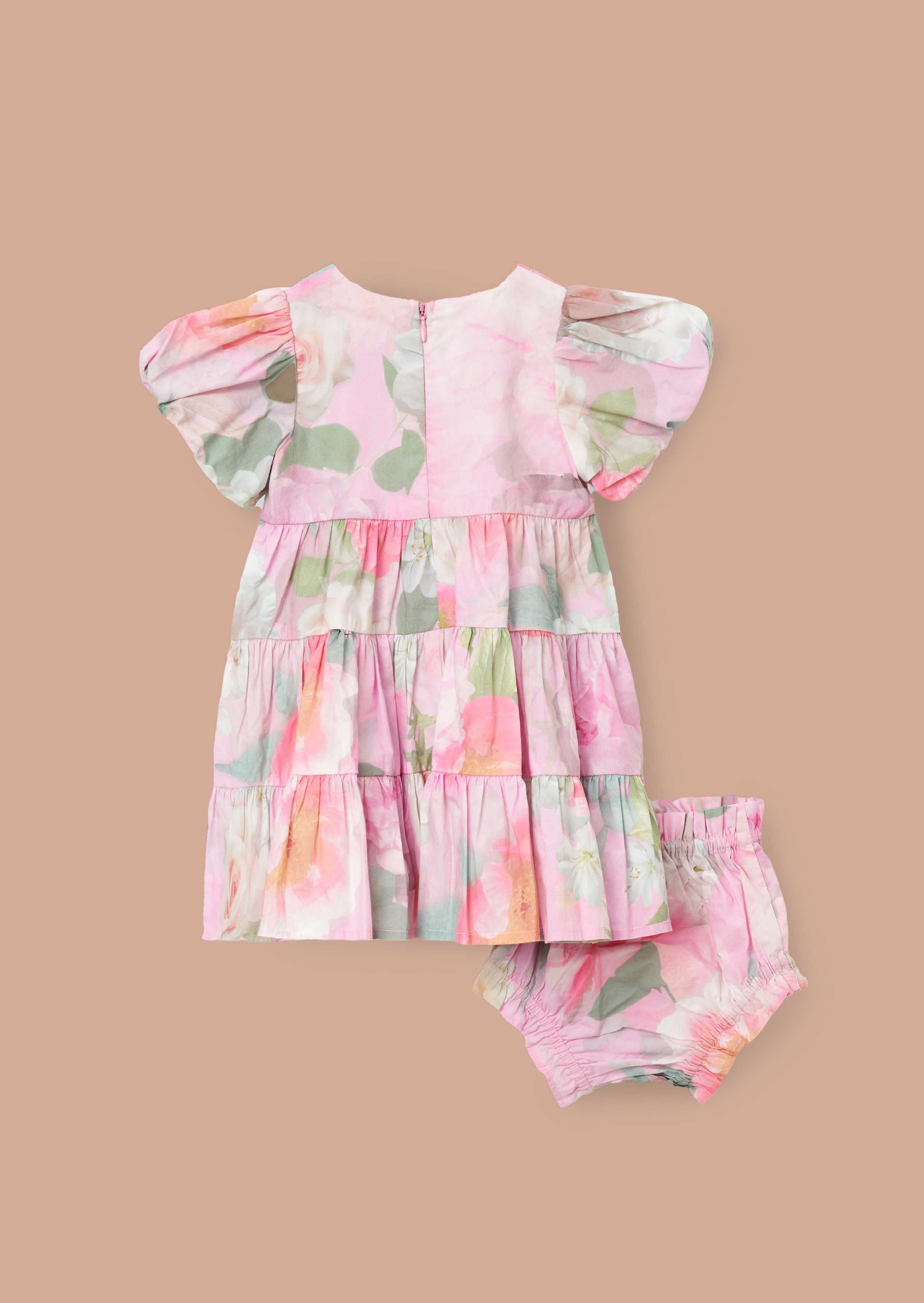 Puff Sleeve Baby Girl Pink Floral Tiered Dress And Bloomer