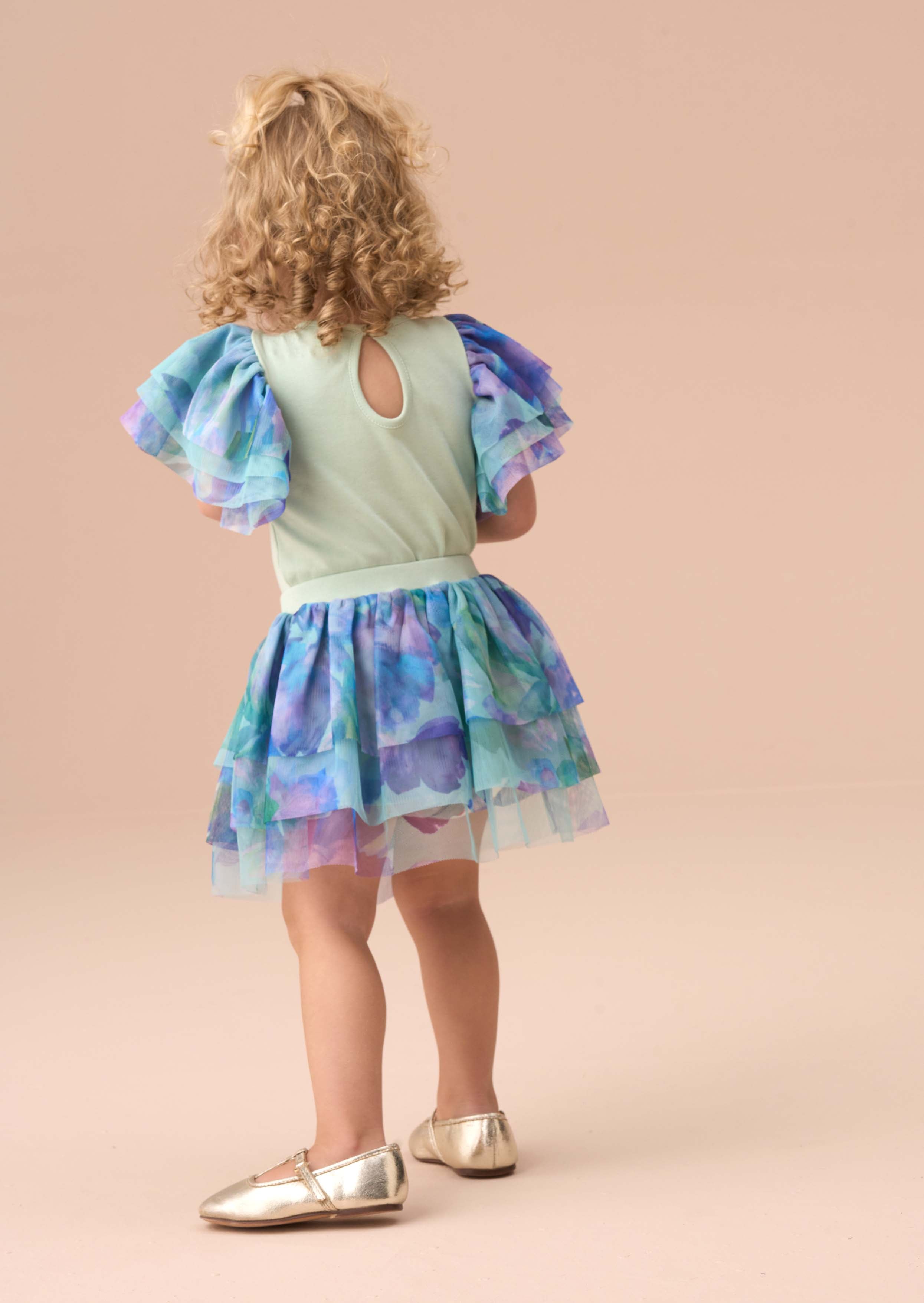 Frill Sleeve Baby Girl Green Floral Tutu Bodysuit Set