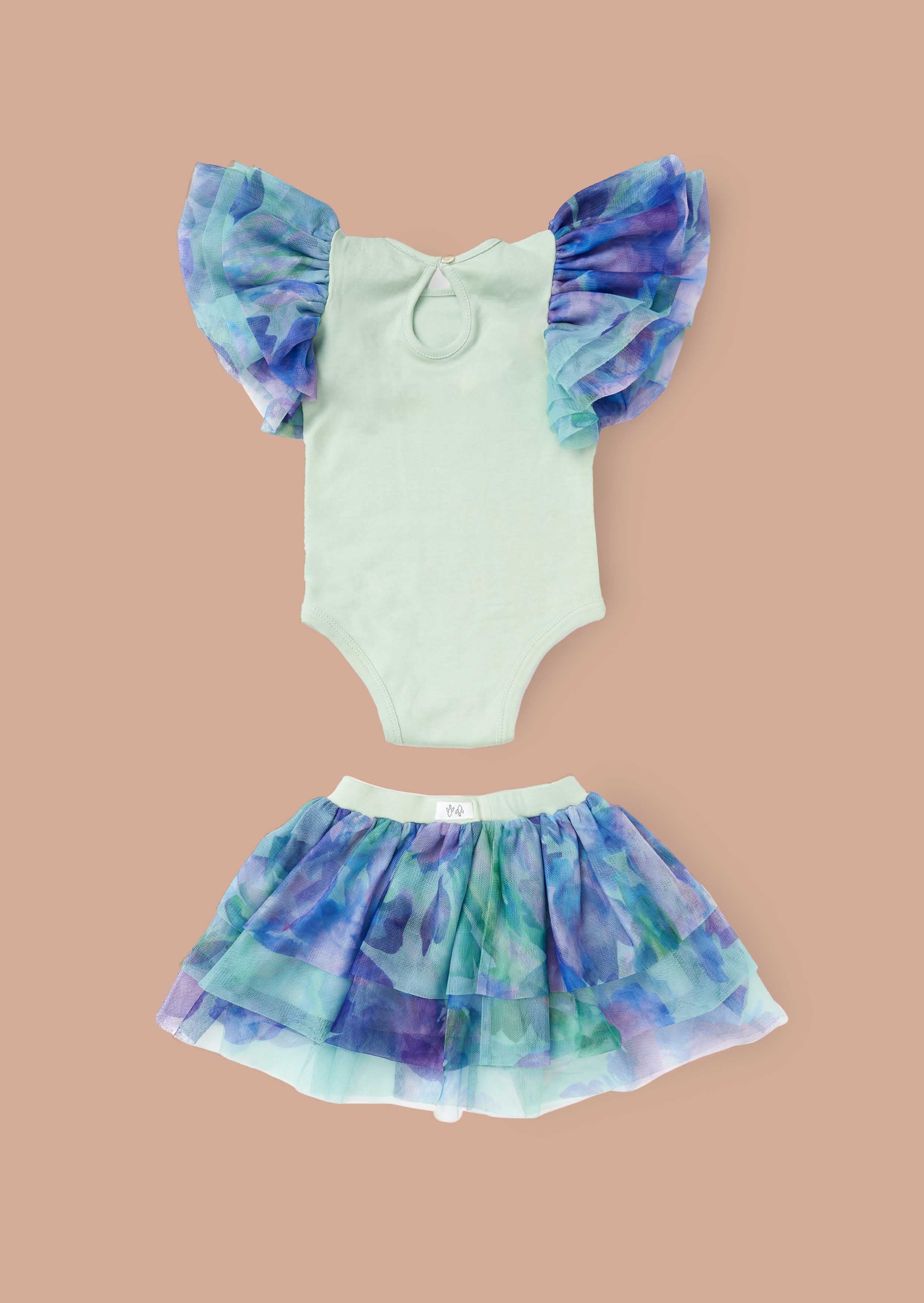 Outfit Baby Girl Green Floral Tutu And Frill Sleeve Bodysuit Set