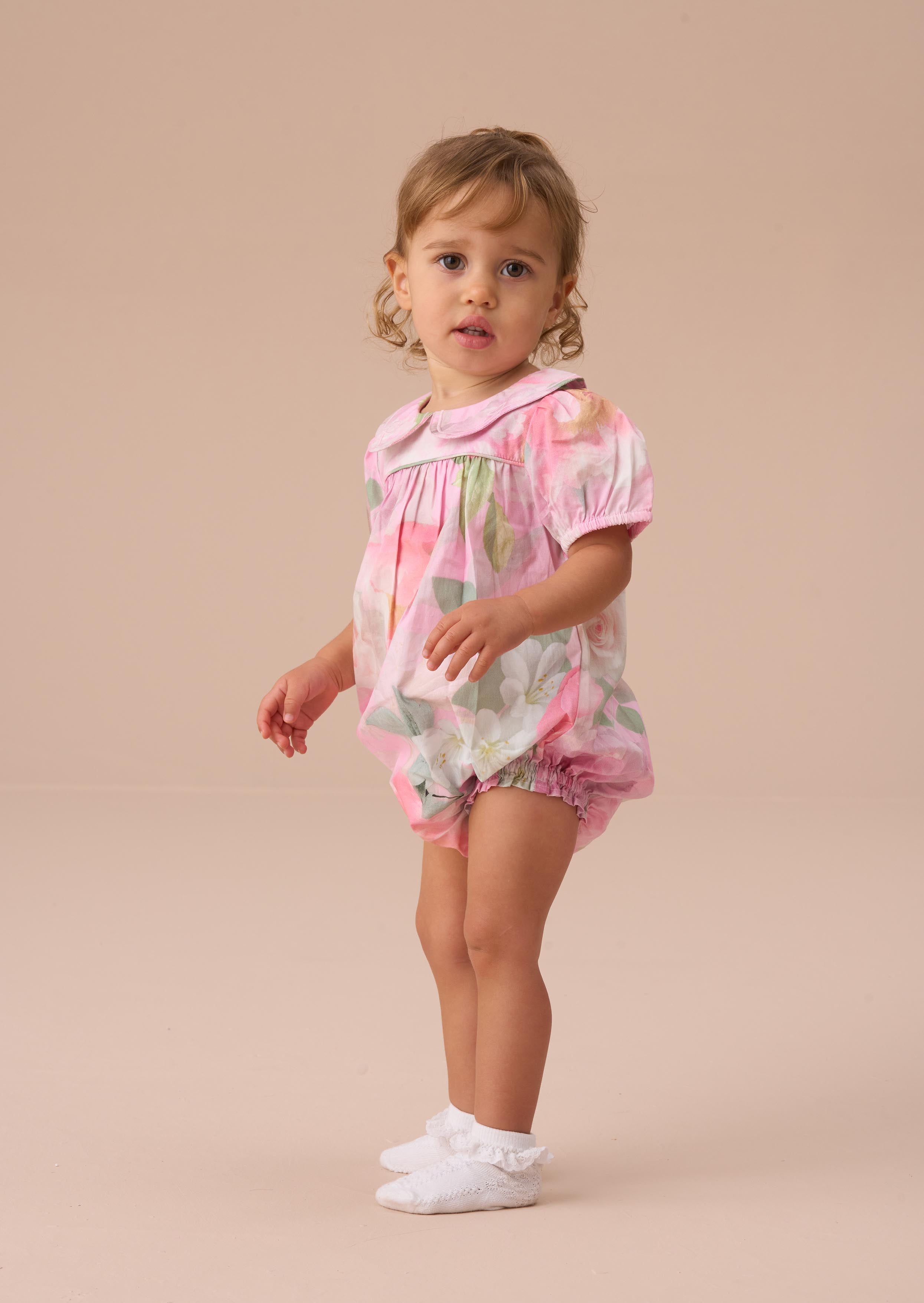 Bow Sleeve Baby Girl Pink Floral Print Romper