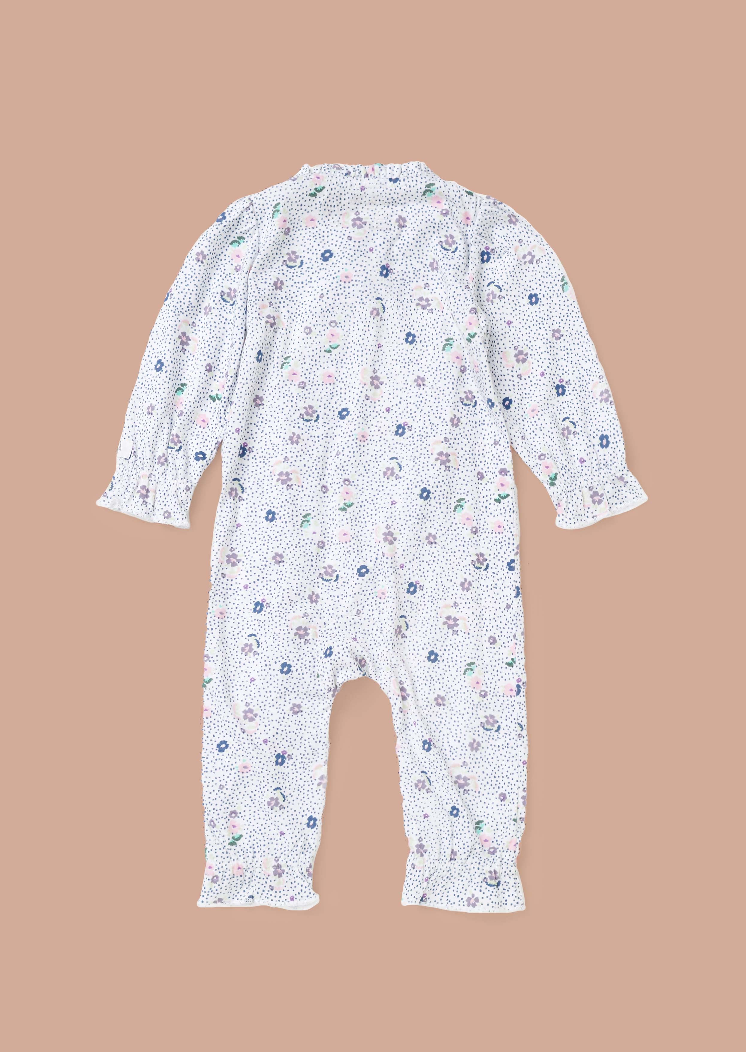 Cotton Blue Spot Floral Print New Born Babygrow & Headband