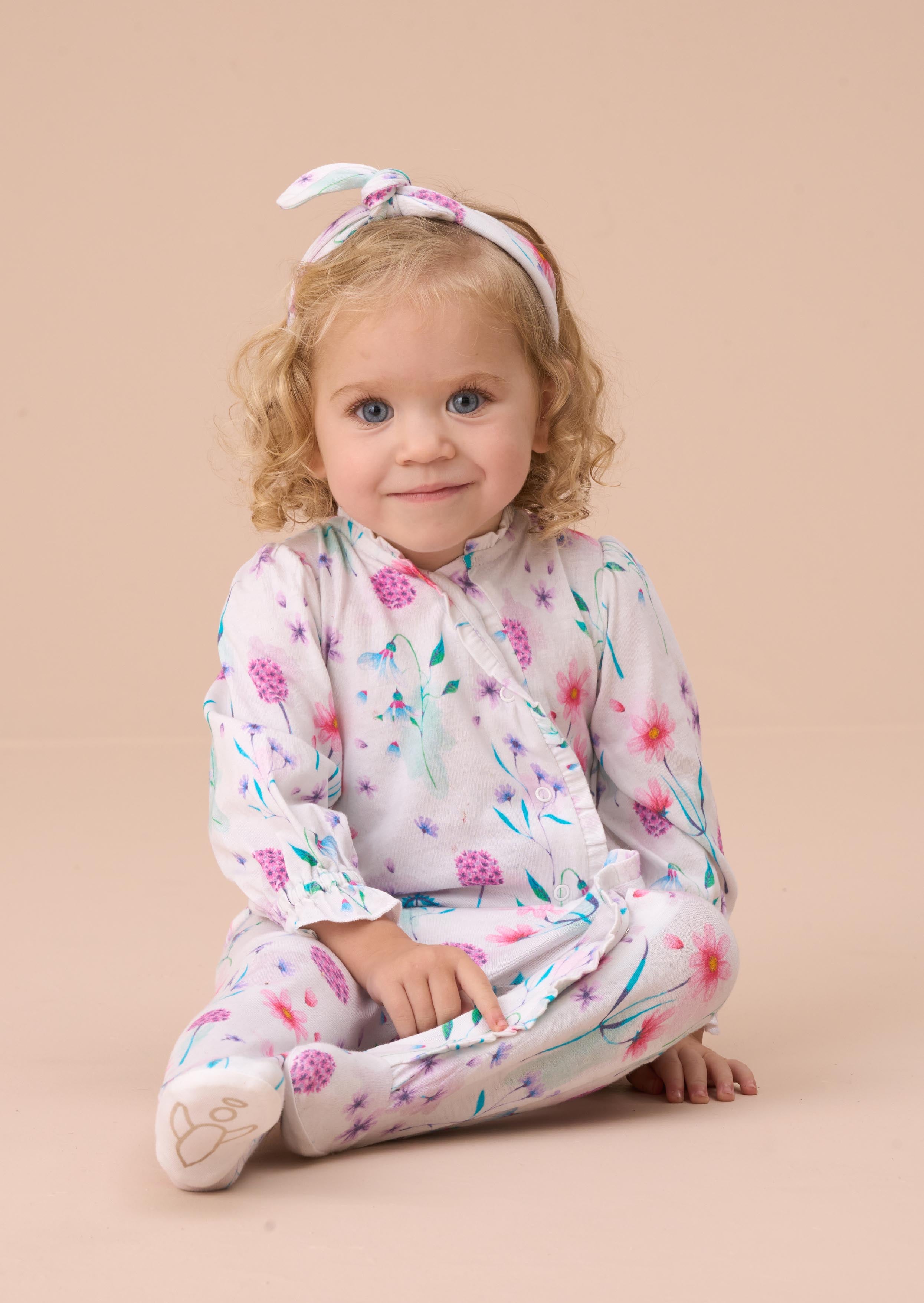 Fleur White Water Colour Print Frill Babygrow Headband