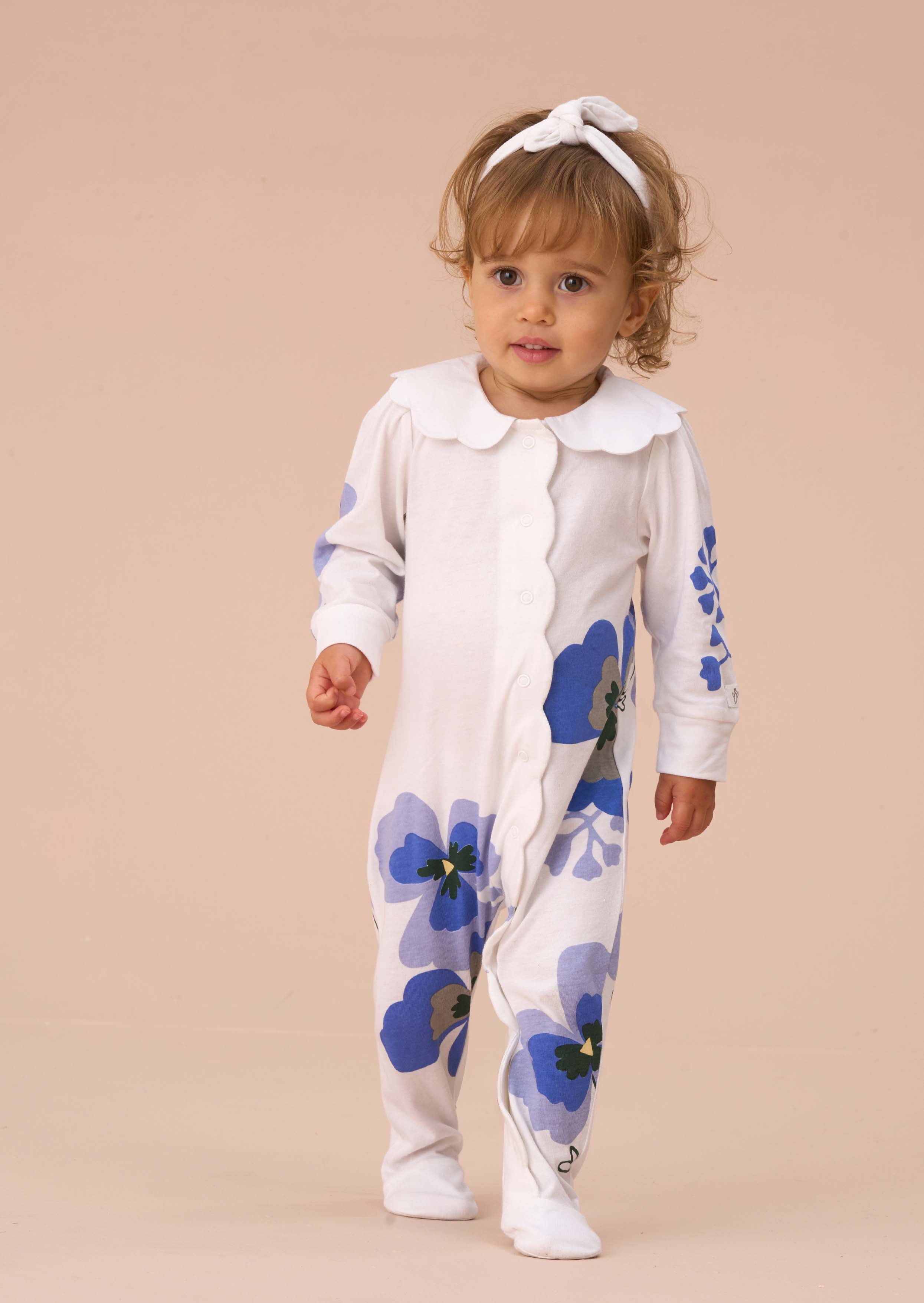 Baby Girl Blue Pansy Print Collar Babygrow & Headband