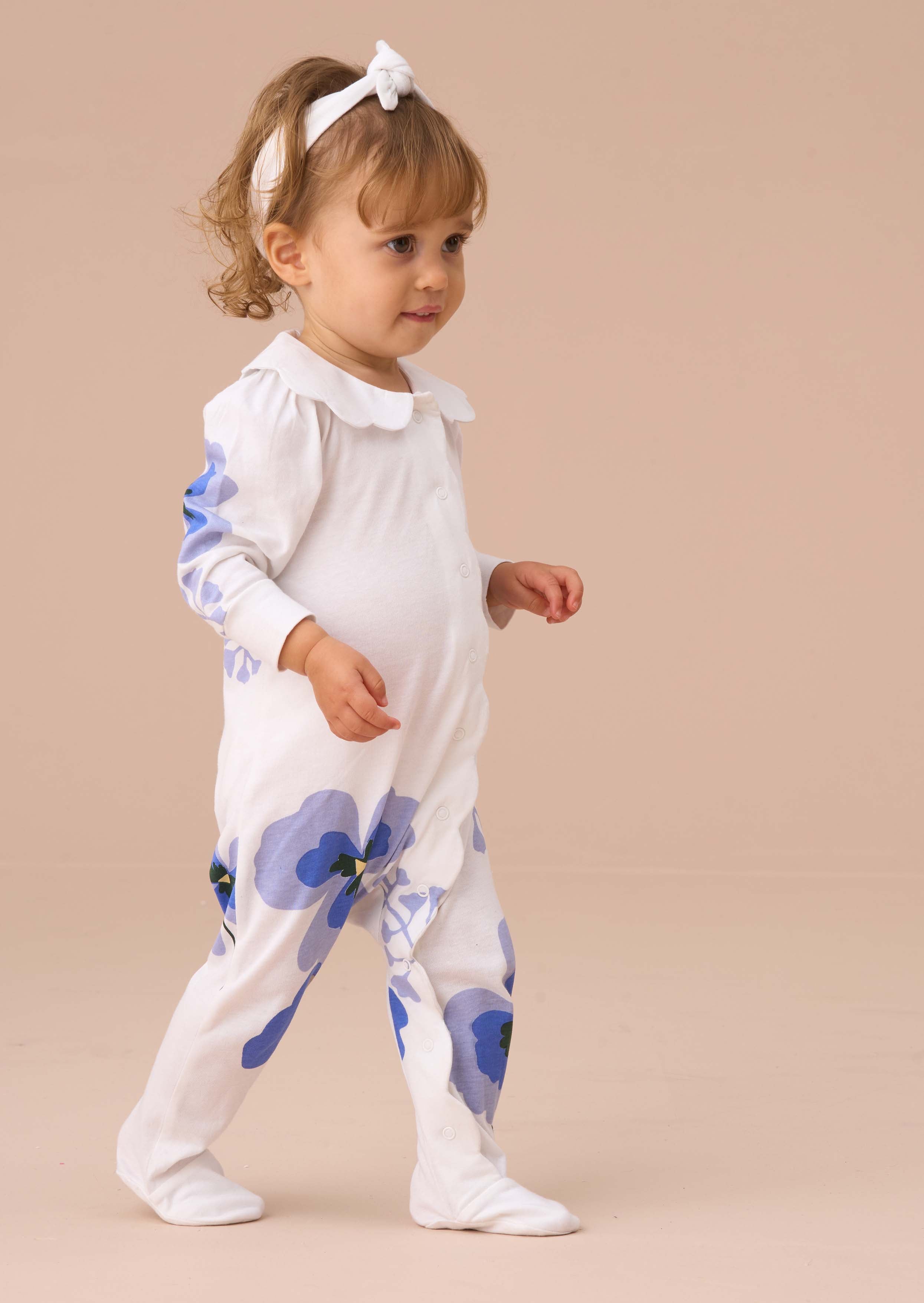 Cotton Baby Girl Blue Pansy Print Collar Babygrow & Headband