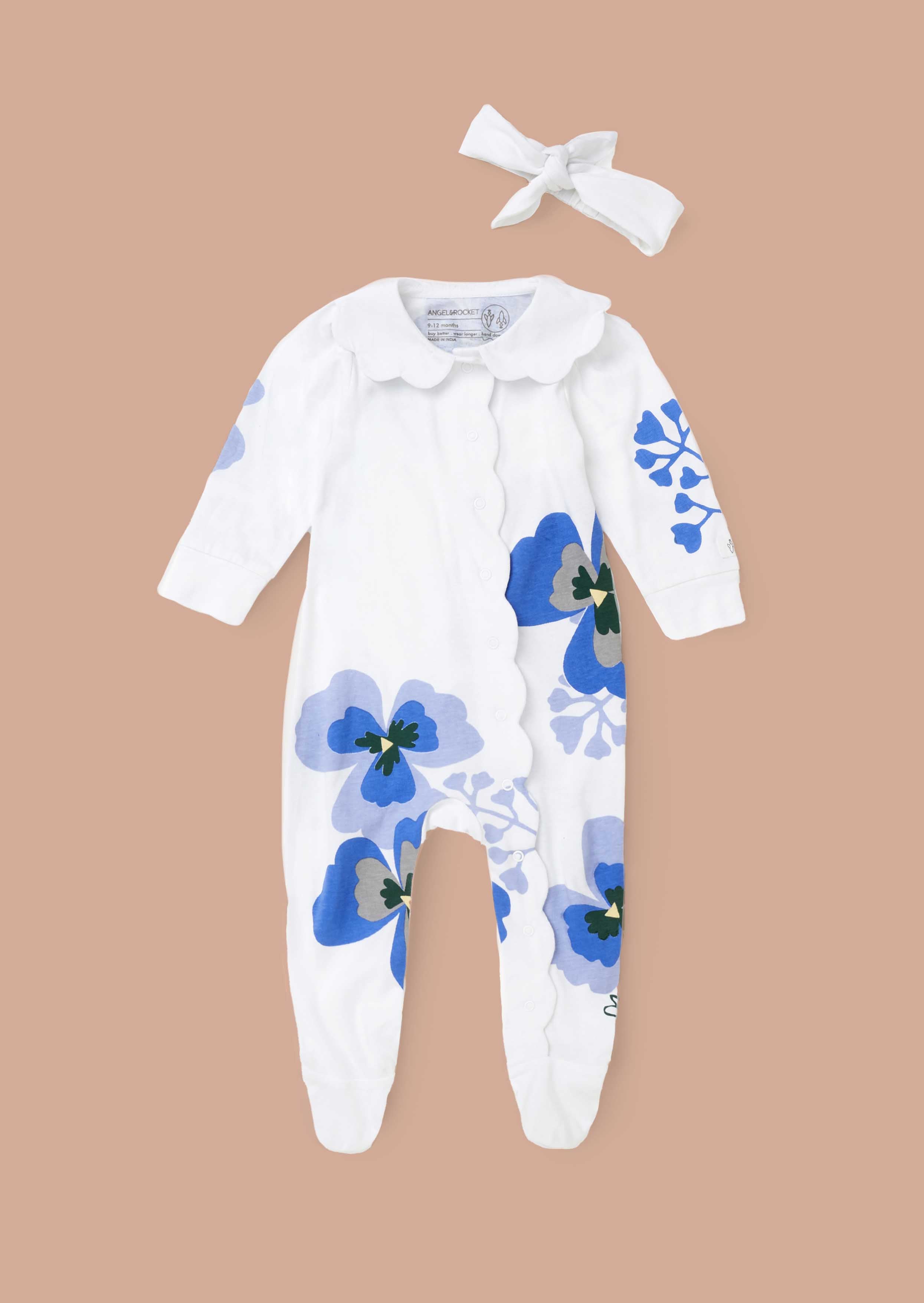 Outfit Baby Girl Blue Pansy Print Collar Babygrow & Headband