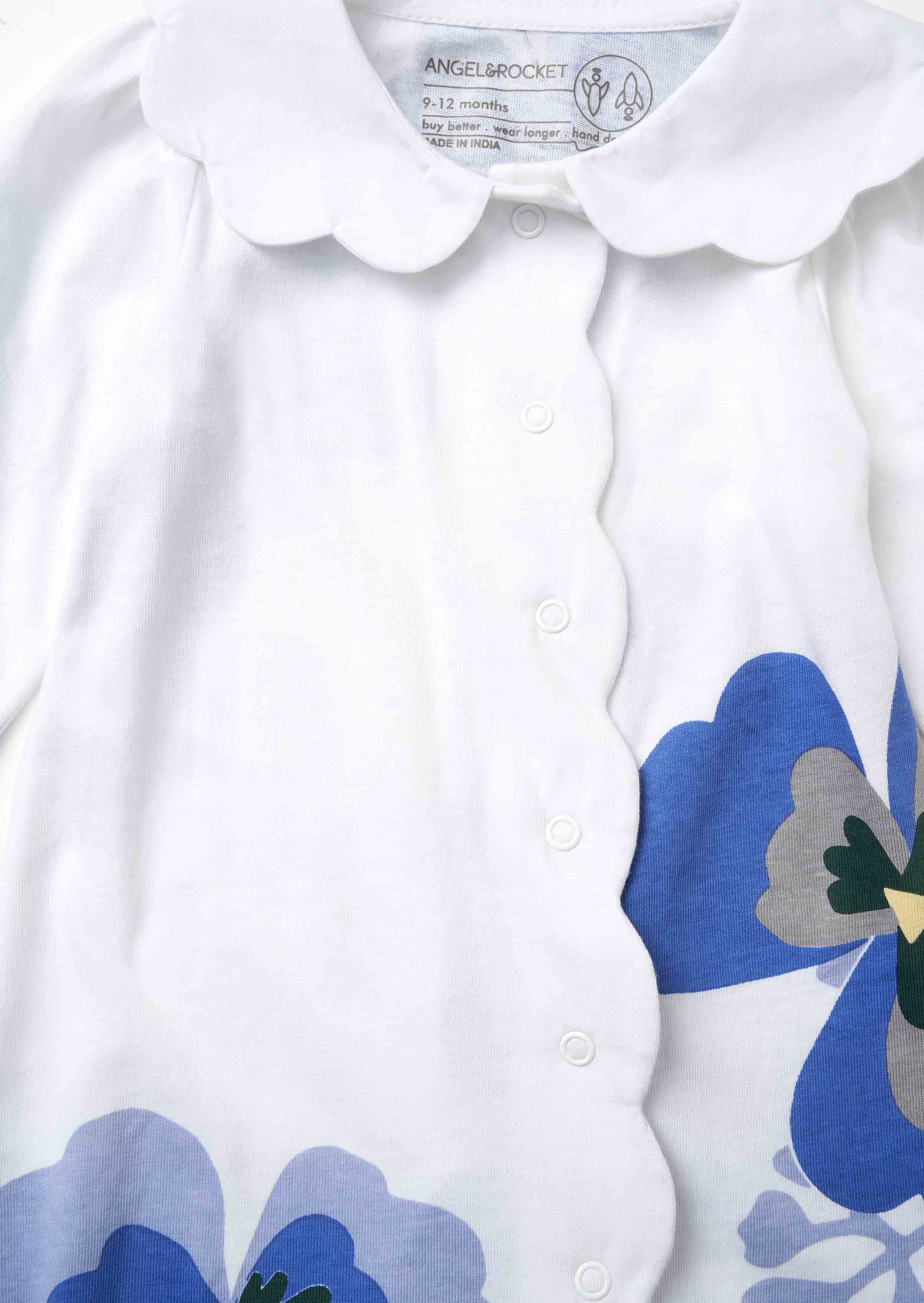 Blue Pansy Print Collar Babygrow & Headband For Baby Girl