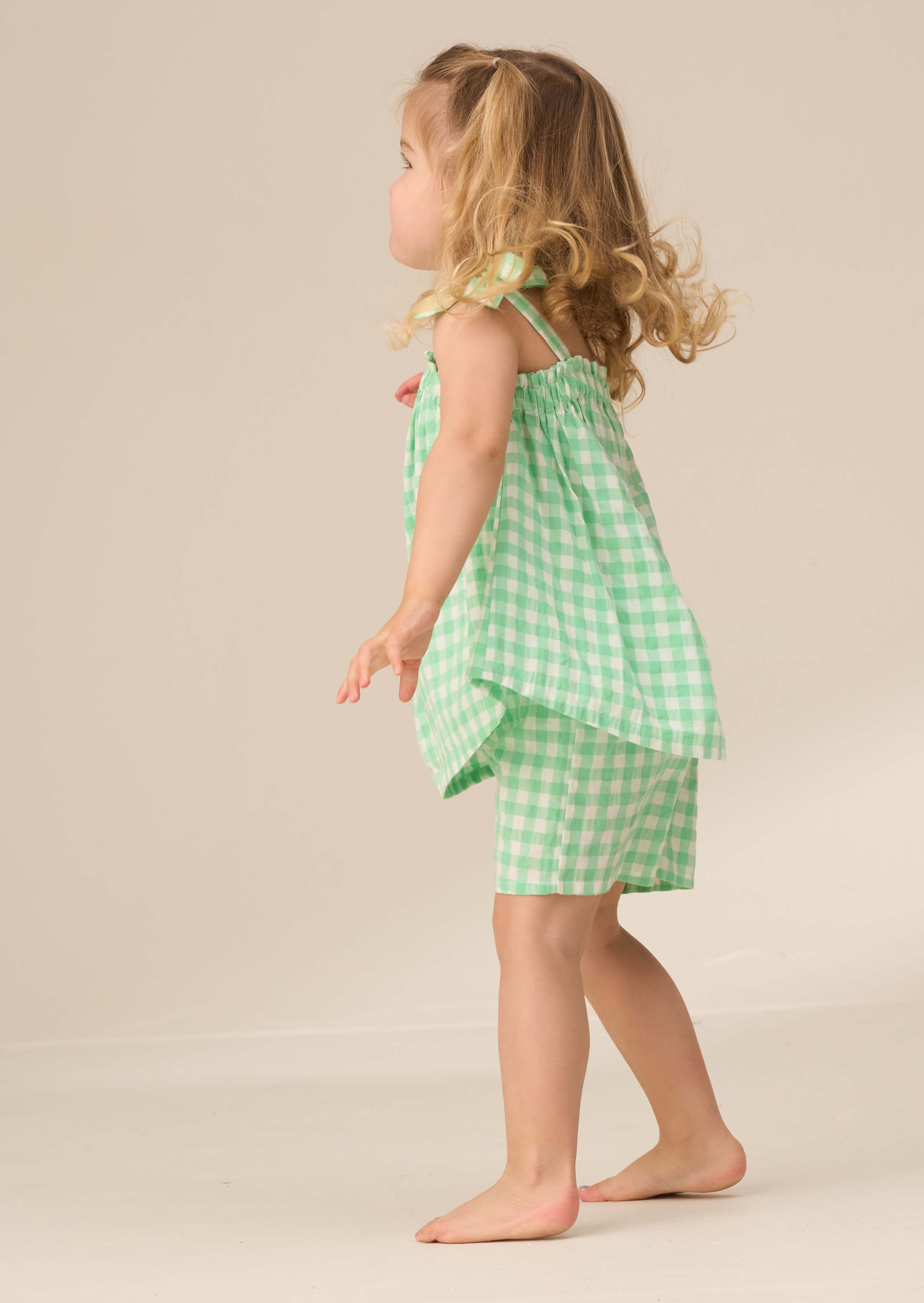 Sleeveless Green Gingham Top And Shorts