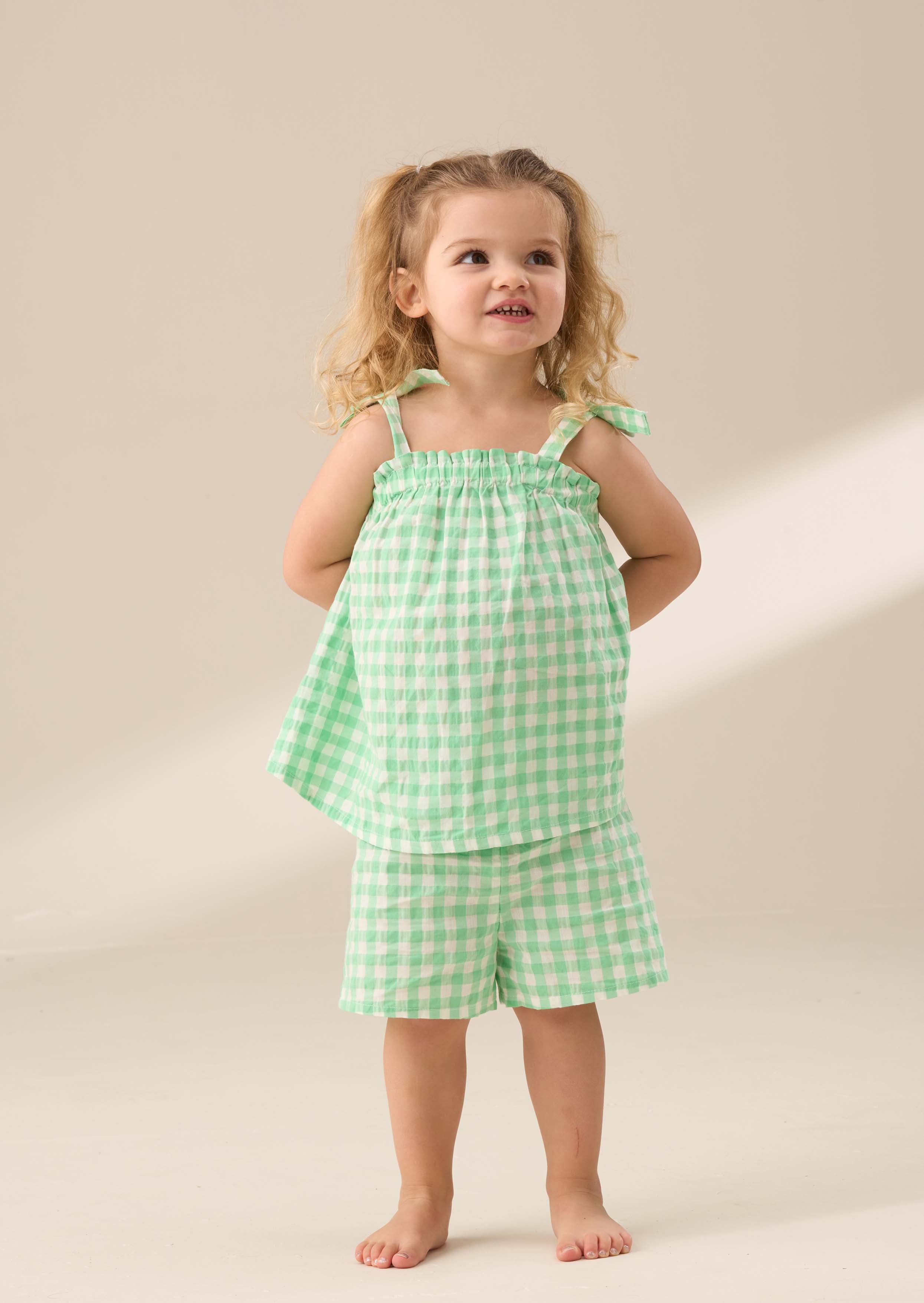 Cotton Girl Green Gingham Top And Shorts