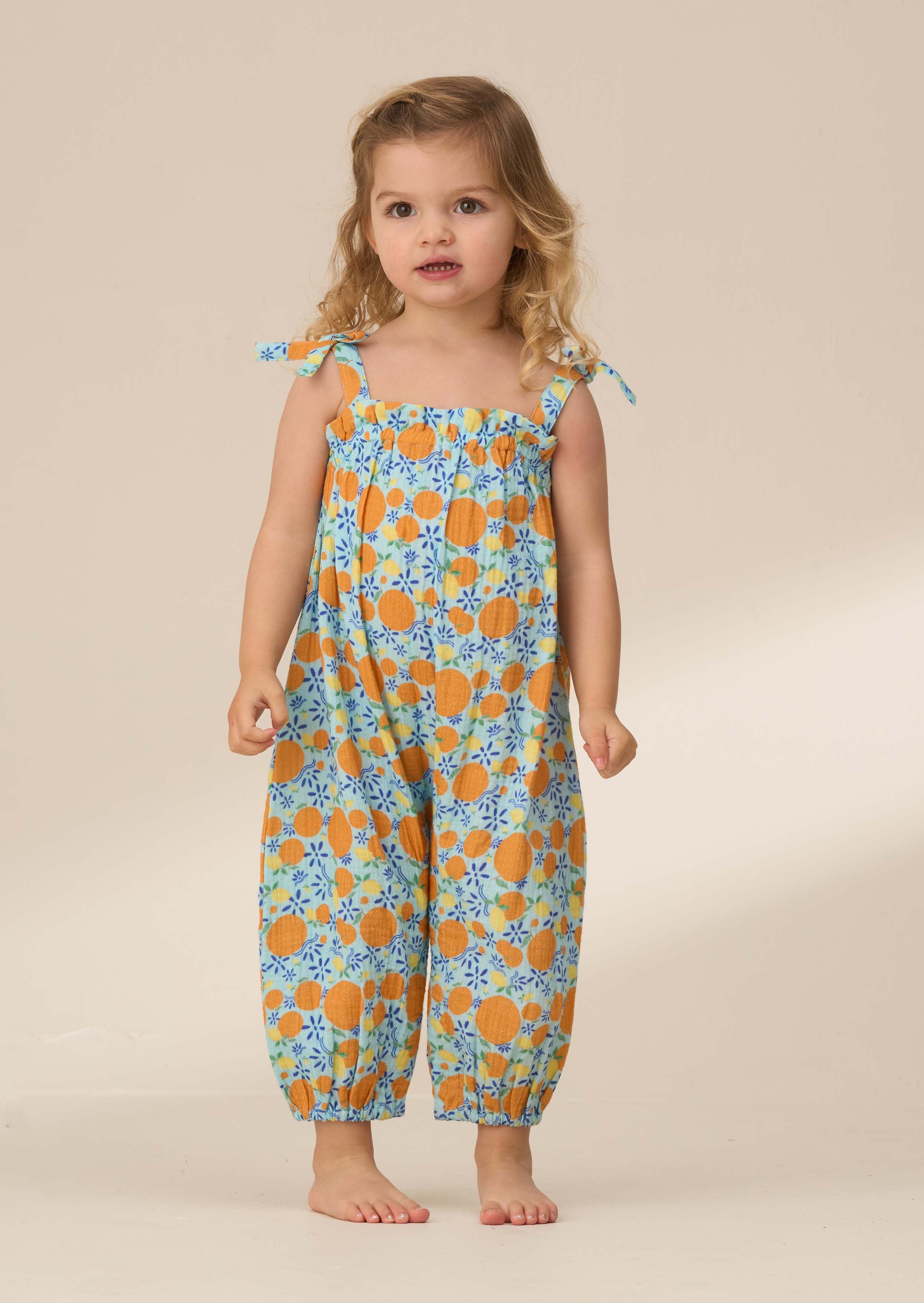 Baby Girl Blue Double Cloth Fruit Print Romper