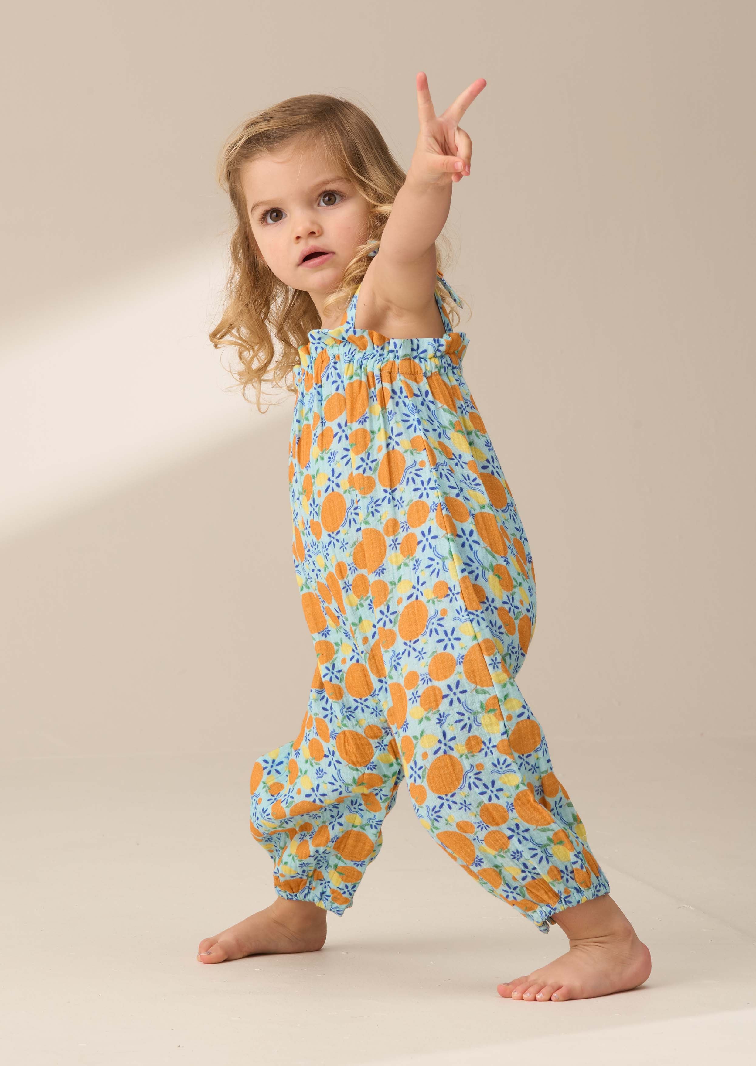 Cotton Blue Double Cloth Fruit Print Romper
