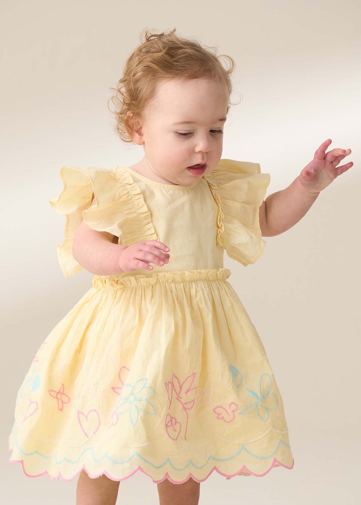 Girl Yellow Frill Sleeve Dress With Bloomer