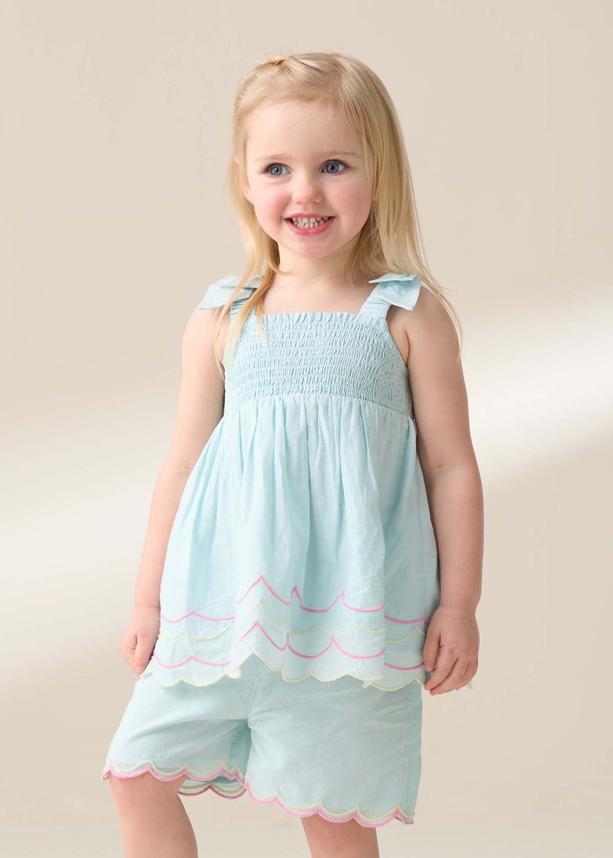 Girl Blue Embroidered Top And Short Set