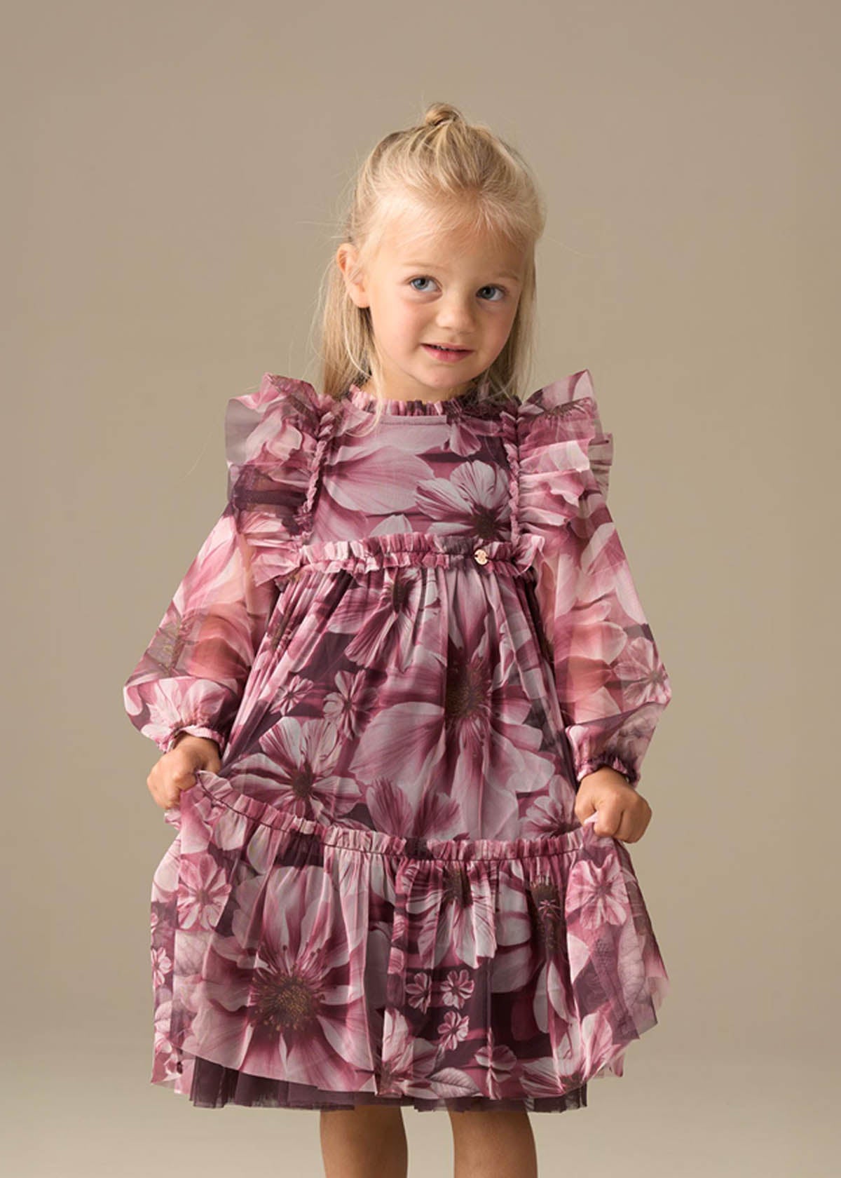 Girls Floral Print Mesh Dress