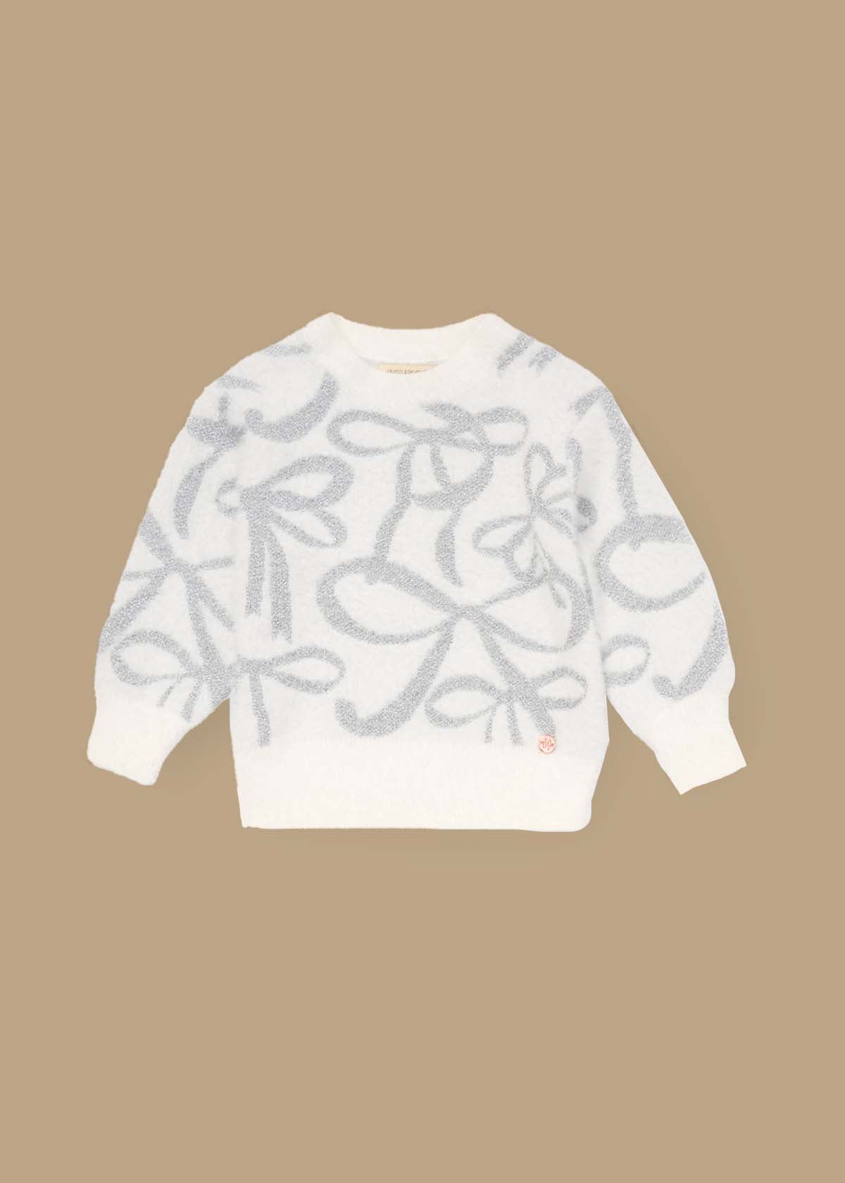 printed girl silver bow eyelash jumper
