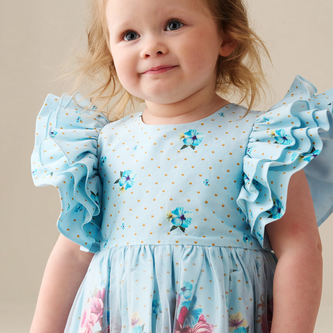 Izzy Printed Tulle Ruffle Sleeve Dress