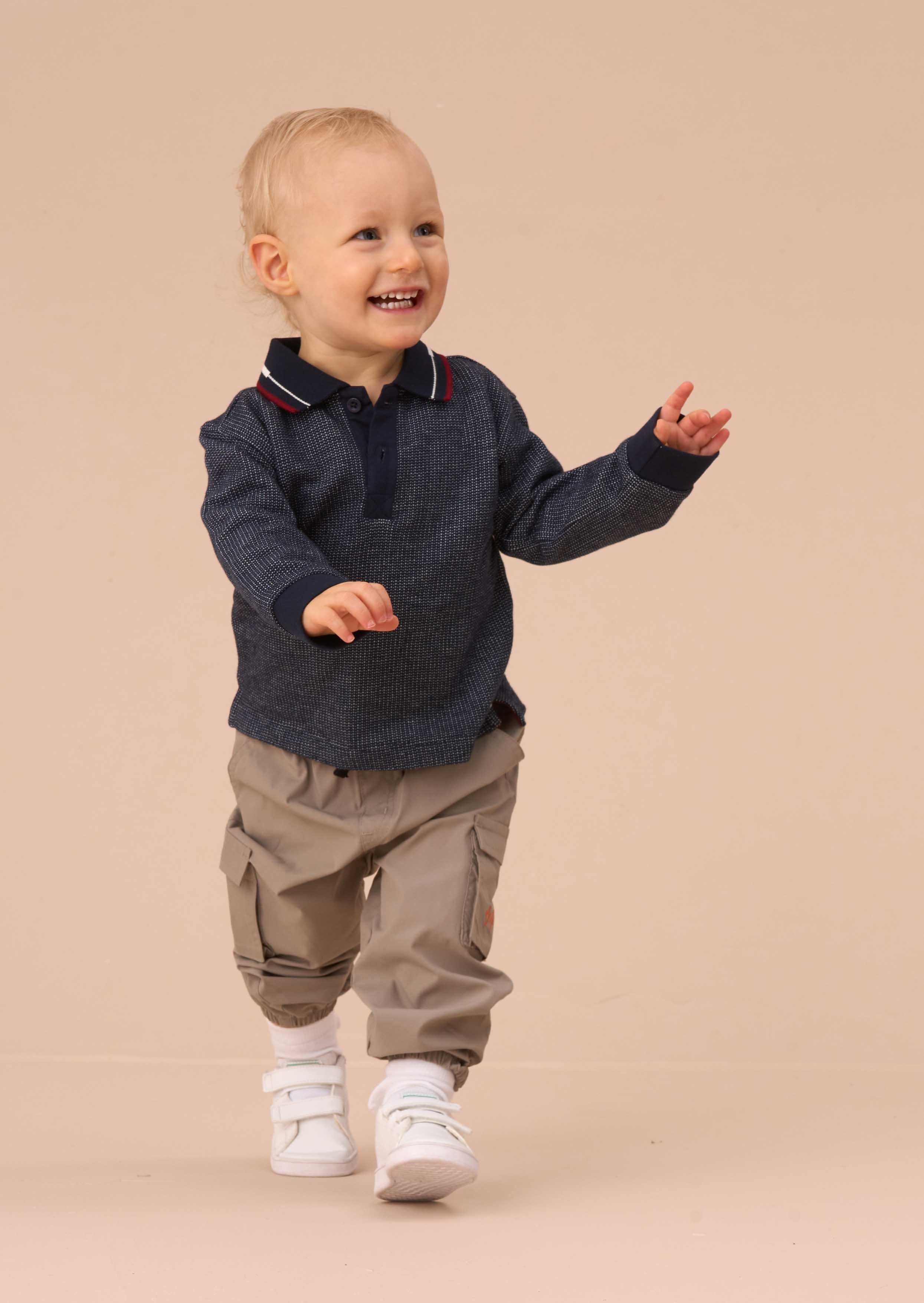 Long Sleeve Mini Boys Blue Textured Polo
