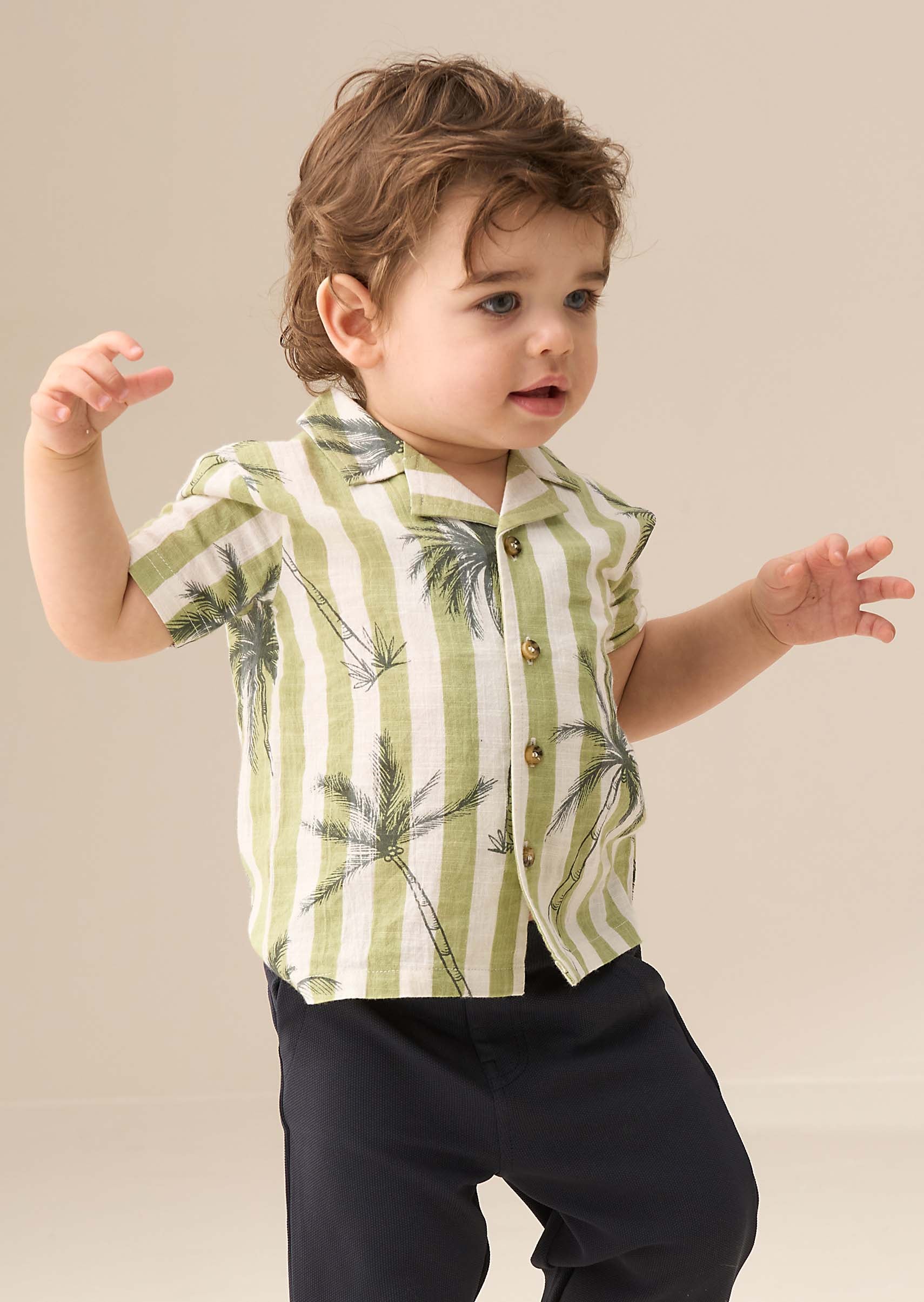 Boy Green Palm Print Resort Shirt