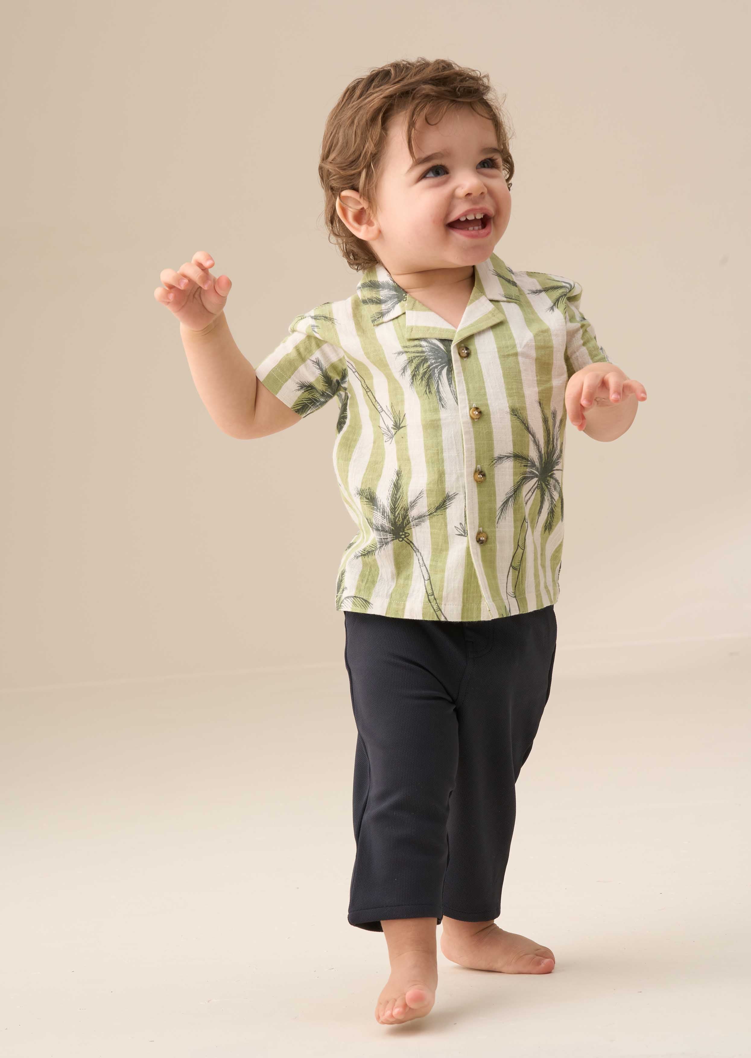 Kids Boy Green Palm Print Resort Shirt