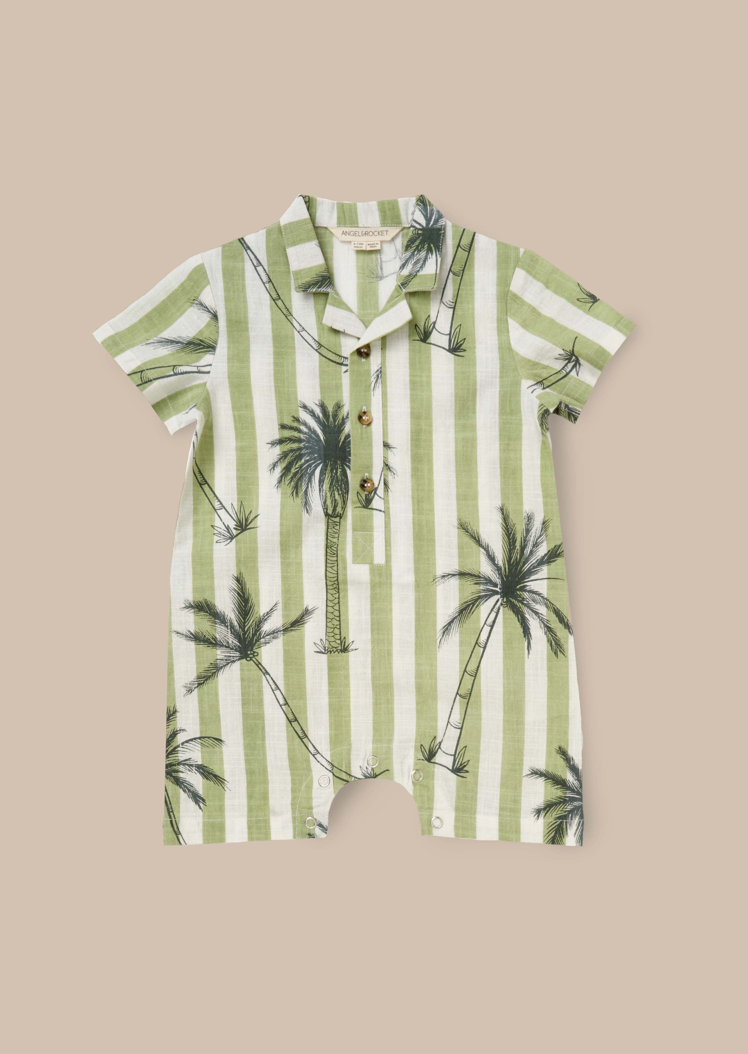 Cotton Green Palm Printed Collar Romper