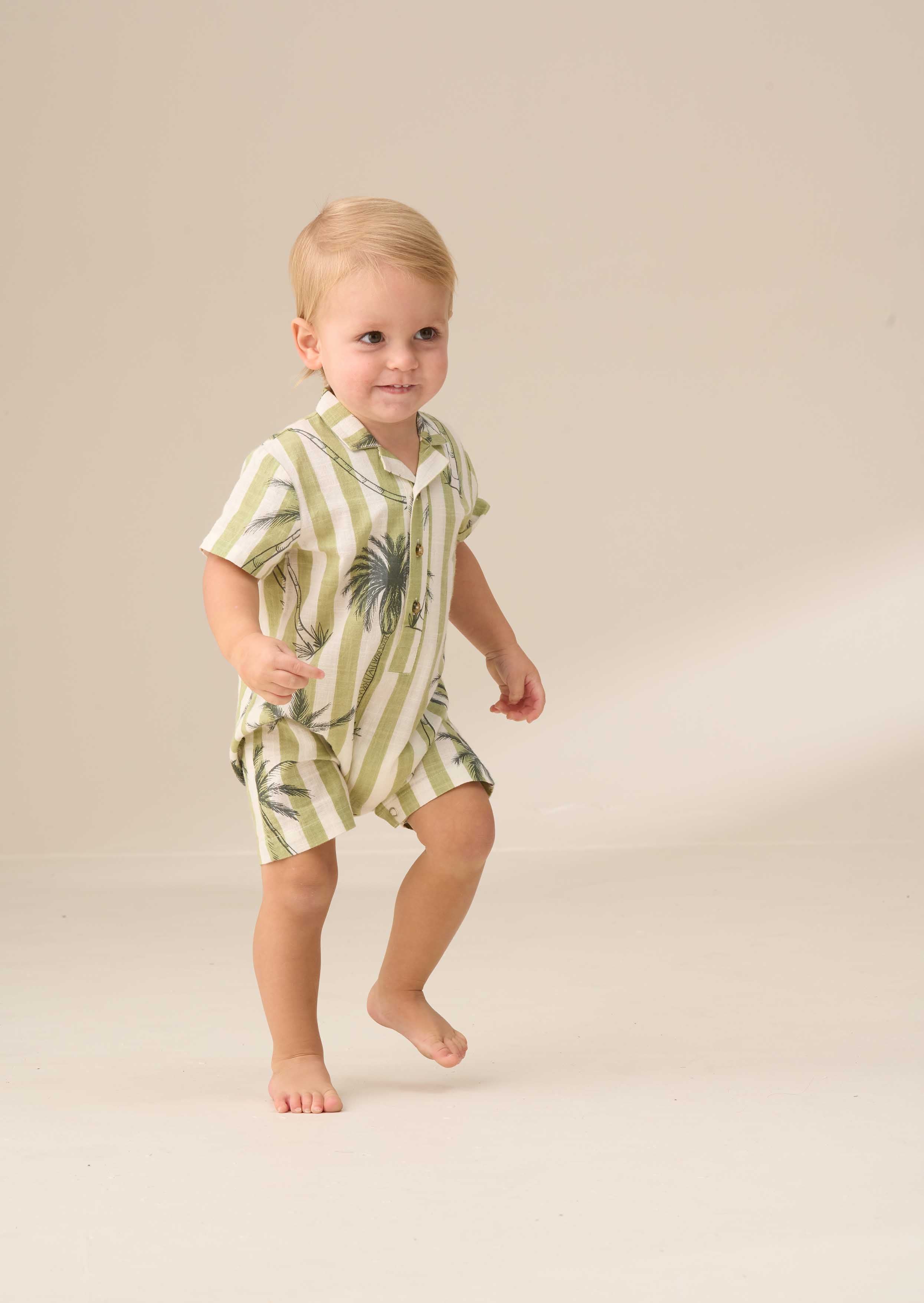 Baby Boy Green Palm Printed Collar Romper