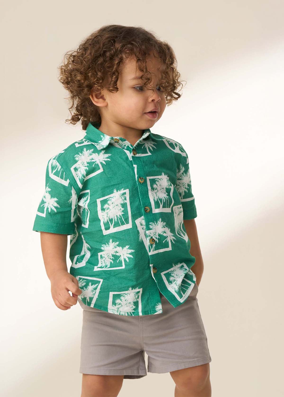 Boy Green Mini Palm Print Resort Shirt