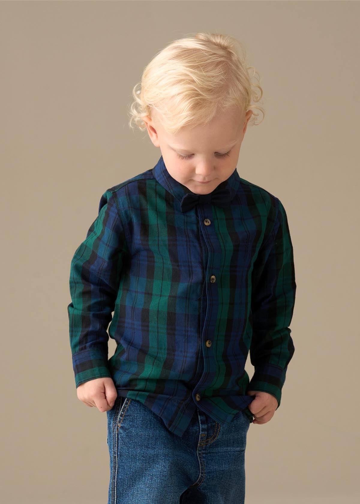 cotton boys plaid shirt with bow tie