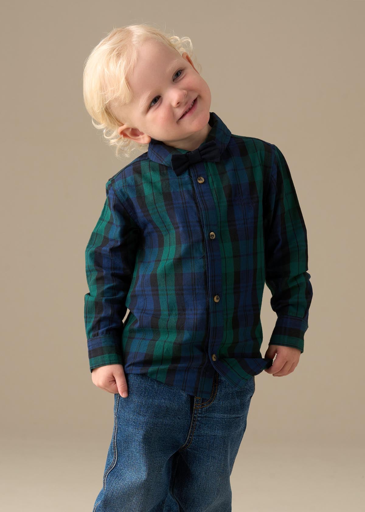 long sleeve boys plaid shirt with bow tie