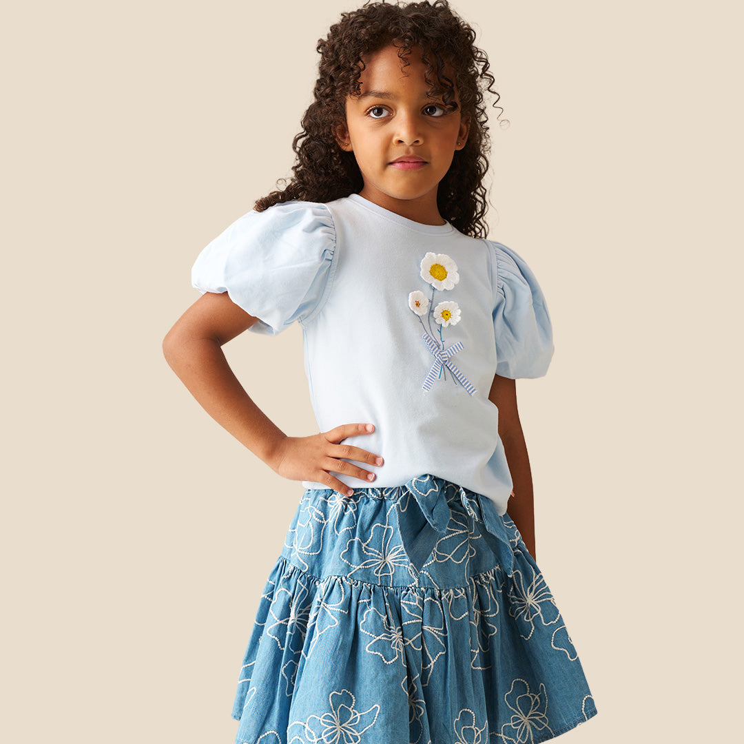 Daisy Flower Embroidered Puff Sleeve T Shirt
