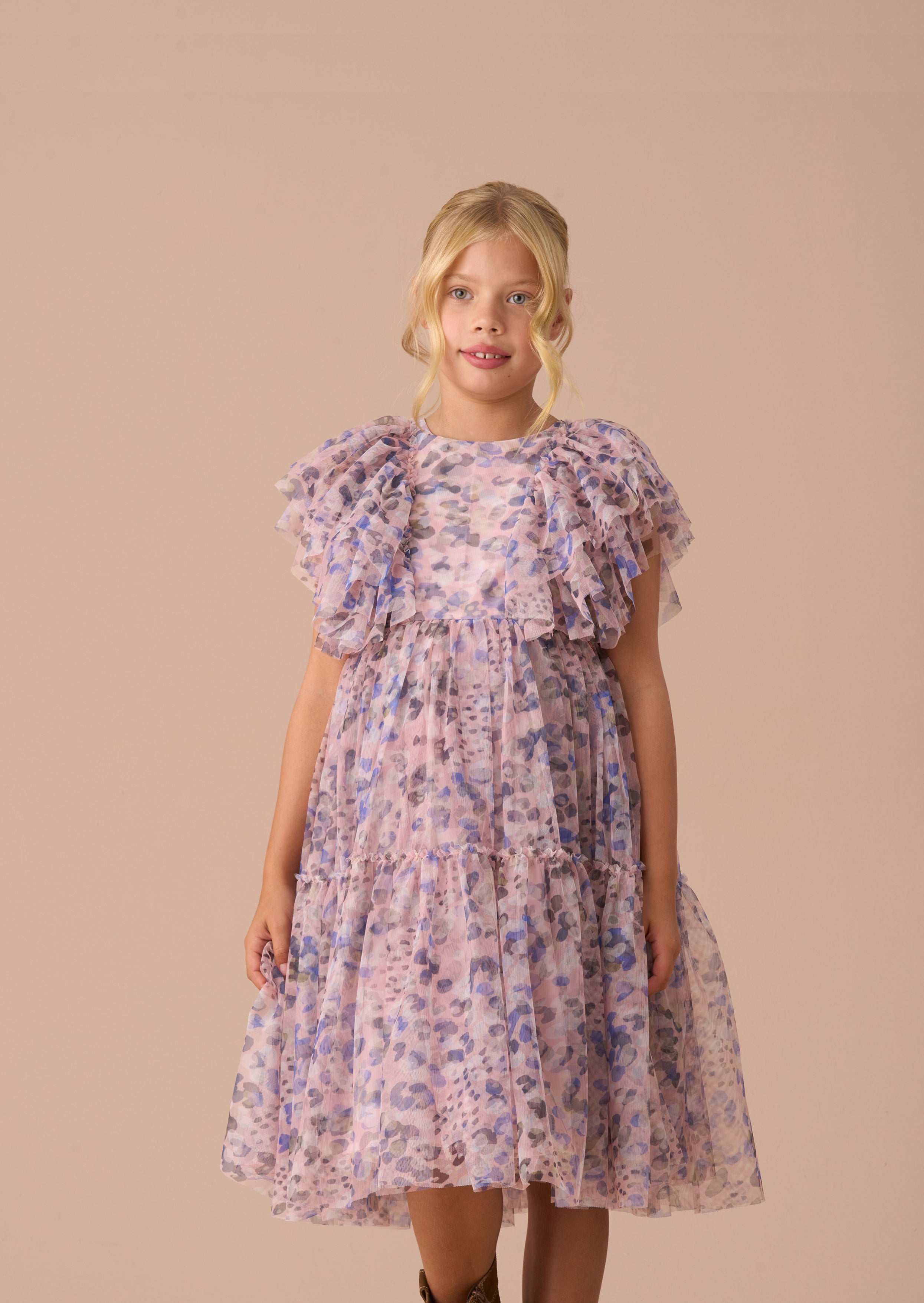 Girl Pink Printed Frill Mesh Dress
