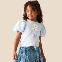 Daisy Flower Embroidered Puff Sleeve T Shirt