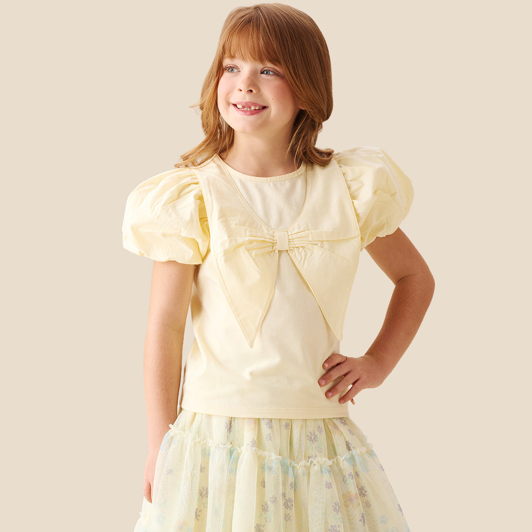 Tilly Yellow Bow Collar Puff Sleeve T Shirt - Angel & Rocket