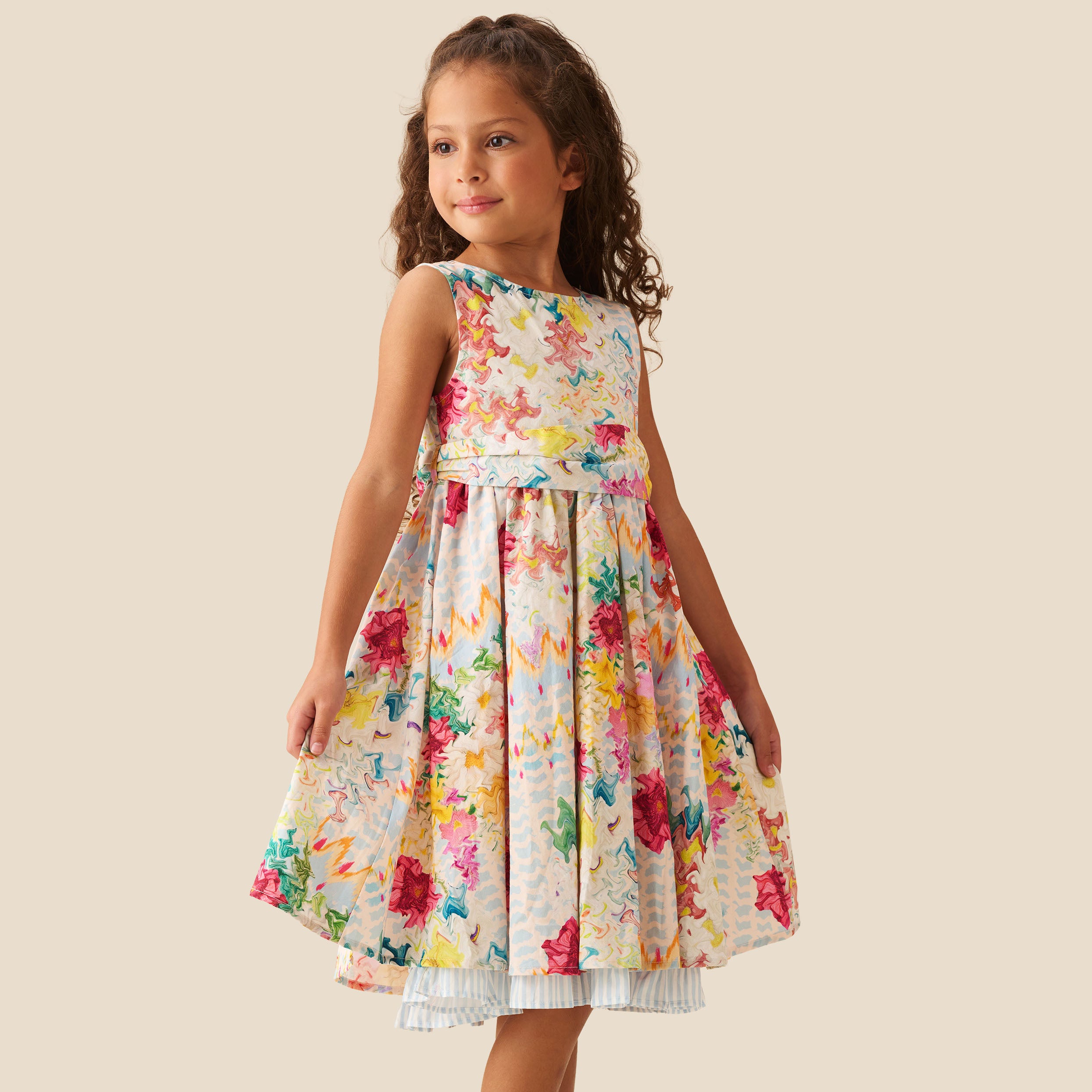 Seren Print Stripe Sash Waist Dress