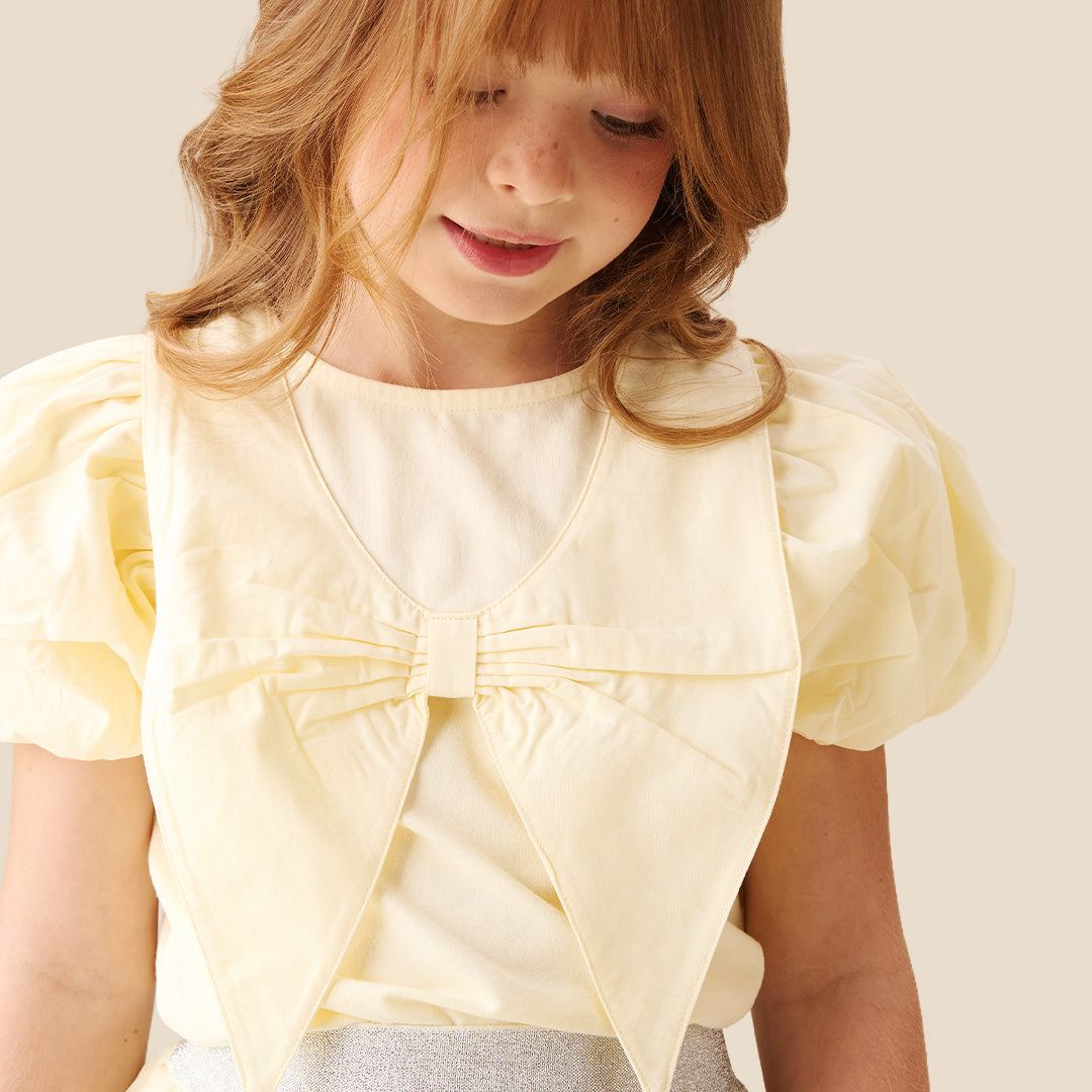 Tilly Yellow Bow Collar Puff Sleeve T Shirt - Angel & Rocket