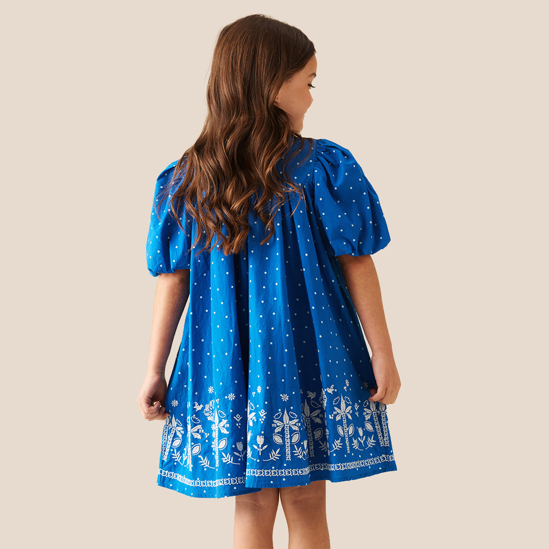 Josie Palm Embroidered Swing Dress - Blue