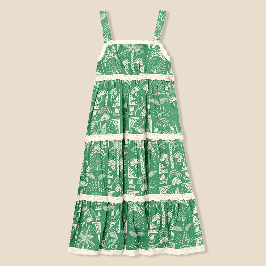 Kinsley Palm Print Lace Trim Tiered Dress - Angel & Rocket