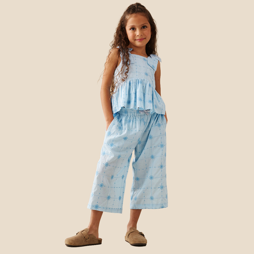 Nellie Tie Waist Embroidered Wide Leg Trousers